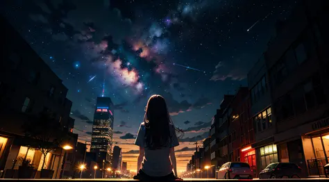 octans, sky, star (sky), scenery, starry sky, night, 1girl, night sky, solo, outdoors, signature, building, cloud, milky way, si...