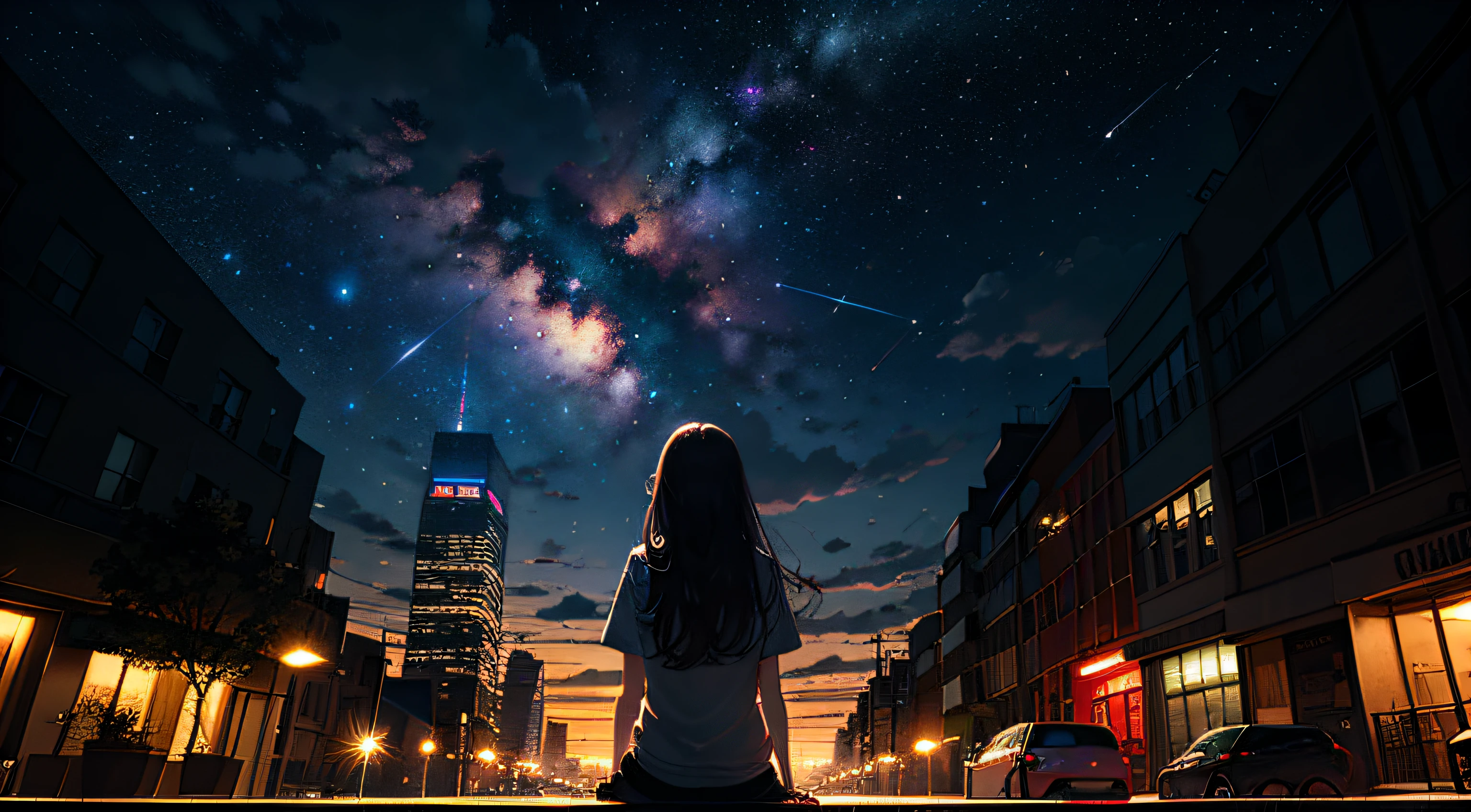 octans, sky, star (sky), scenery, starry sky, night, 1girl, night sky, solo, outdoors, signature, building, cloud, milky way, sitting, tree, long hair, city, silhouette, cityscape