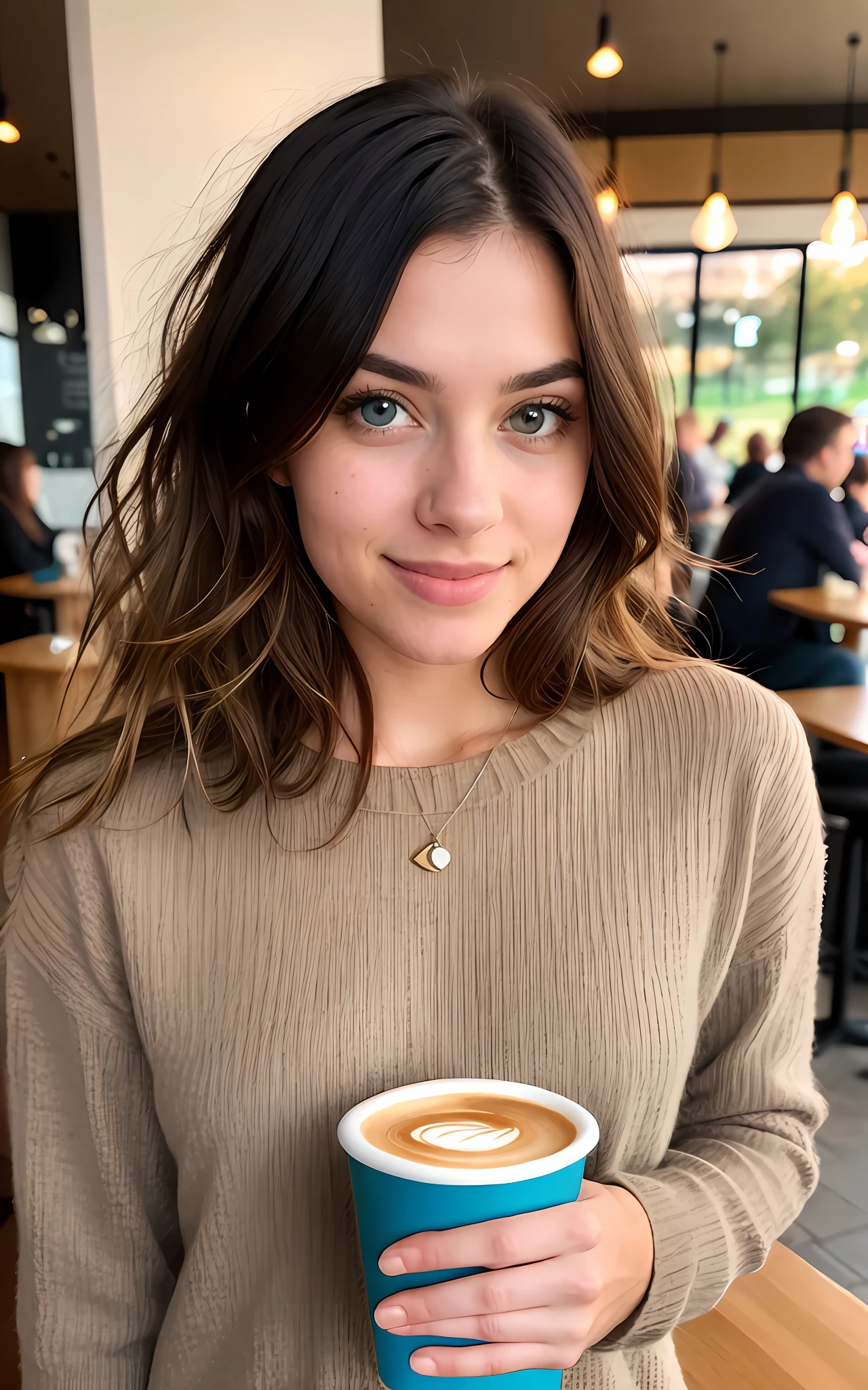 beautiful brunette wearing beige sweater (holding a cup of coffee inside a modern café at sunset), very detailed, 21 years old, innocent face, natural wavy hair, blue eyes, high resolution, masterpiece, best quality, intricate details, highly detailed, sharp focus, detailed skin, realistic skin texture, texture, detailed eyes, professional, 4k, charming smile, filmed in Canon,  85mm, shallow depth of field, kodak vision color, perfect fit body, extremely detailed, foto_\(ultra\), photorealistic, realistic, post-processing, maximum detail, roughness, real life, ultra realistic, photorealism, photography, 8k uhd, photography