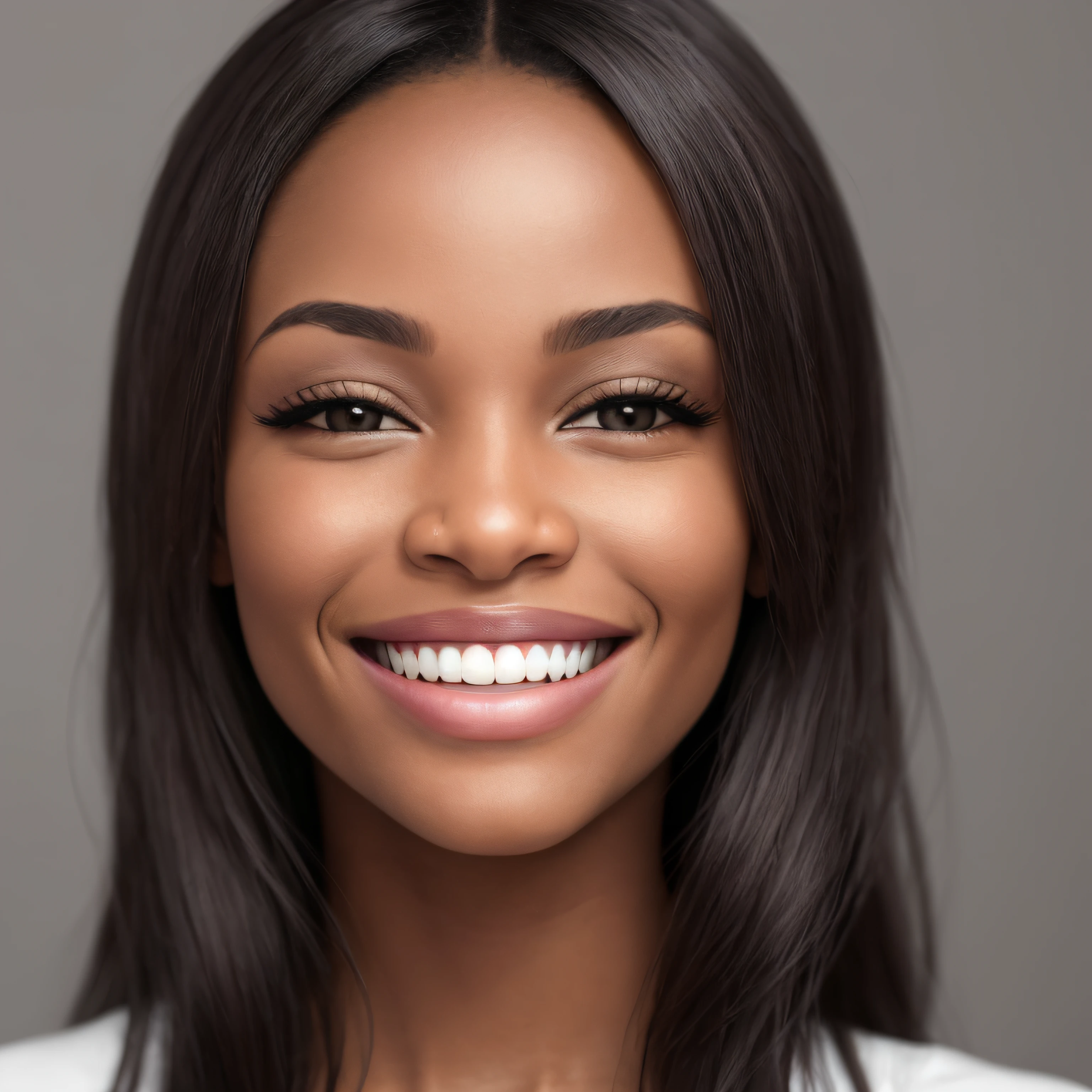 3 African female, portrait of a woman smiling, adult female photograph, smiling, showing teths, simetric sides, well-aligned face in the camera frame, studio photography, model woman, close-up portrait, photography, female model, 35 yo, (skin texture), skin pores, shallow depth of field, focus sharp eyed, big smile white teeth, smooth facial features, detailed smile, perfect smile, close-up perfect face --auto