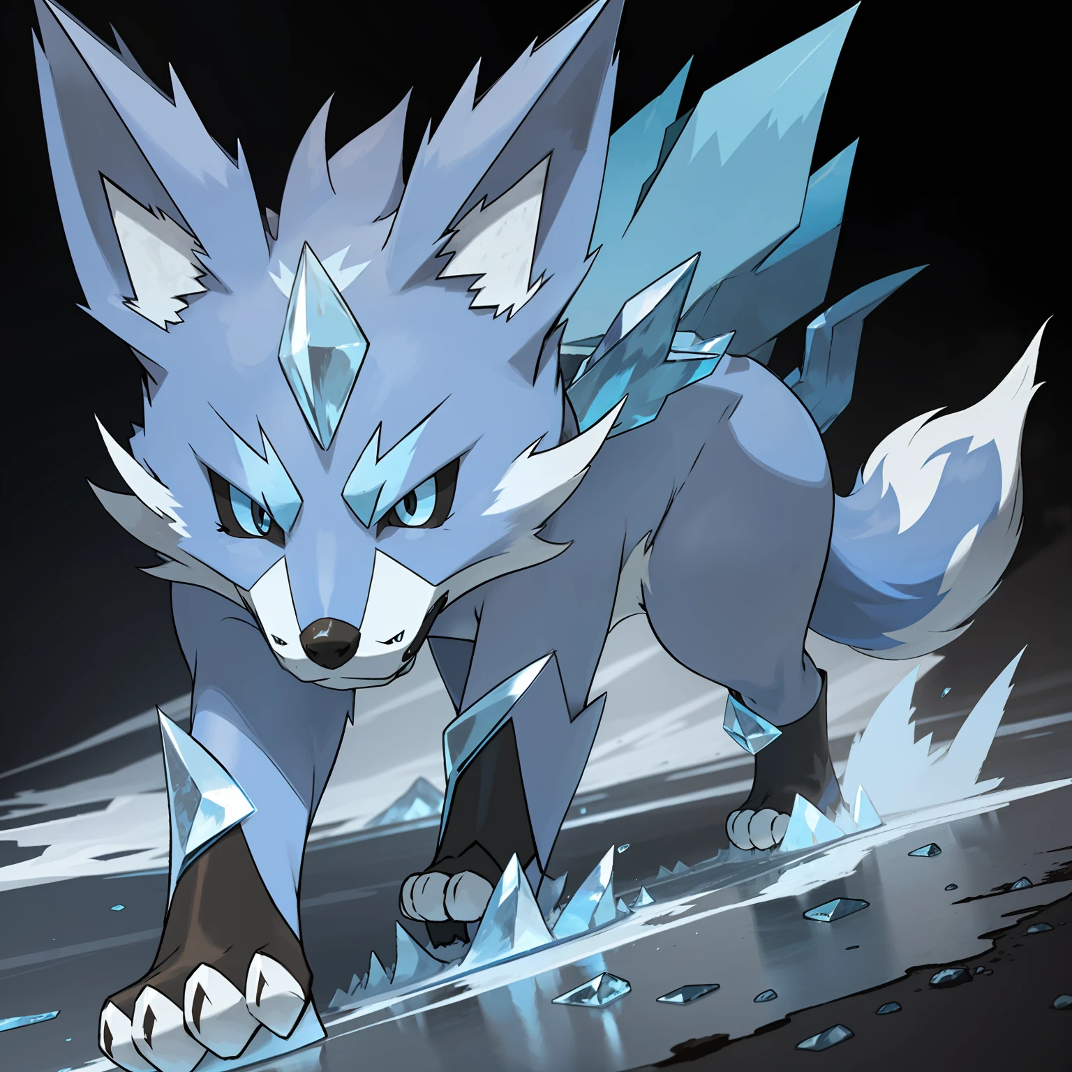 fierce ice blue fox, punching ice through the mouth, with ice details through the quadruped body