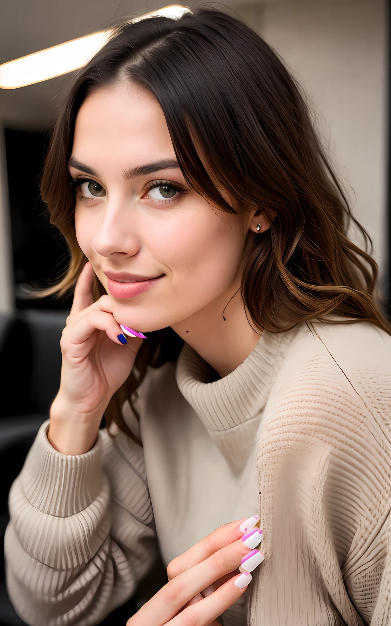 beautiful brunette wearing light beige sweater (taking care of nails in a modern beauty salon), very detailed, 2, innocent face, natural wavy hair, blue eyes, high resolution, masterpiece, best quality, intricate details, highly detailed, sharp focus, detailed skin, realistic skin texture, texture, detailed eyes, professional, 4k, charming smile, shot on Canon, 85mm, shallow depth of field,  kodak vision color, perfect fit body, extremely detailed, foto_\(ultra\), photorealistic, realistic, post-processing, maximum detail, roughness, real life, ultra realistic, photorealism, photography, 8k uhd, photography