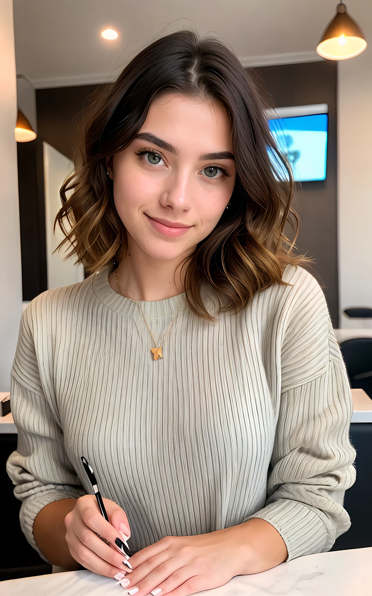 beautiful brunette wearing light beige sweater (taking care of nails in a modern beauty salon), very detailed, 21 years old, innocent face, natural wavy hair, blue eyes, high resolution, masterpiece, best quality, intricate details, highly detailed, sharp focus, detailed skin, realistic skin texture, texture, detailed eyes, professional, 4k, charming smile, shot on Canon, 85mm, shallow depth of field,  kodak vision color, perfect fit body, extremely detailed, foto_\(ultra\), photorealistic, realistic, post-processing, maximum detail, roughness, real life, ultra realistic, photorealism, photography, 8k uhd, photography