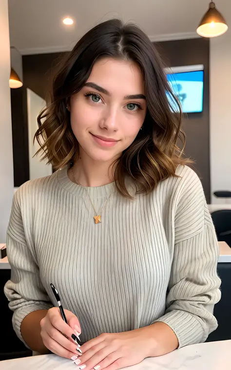 beautiful brunette wearing light beige sweater (taking care of nails in a modern beauty salon), very detailed, 21 years old, innocent face, natural wavy hair, blue eyes, high resolution, masterpiece, best quality, intricate details, highly detailed, sharp ...