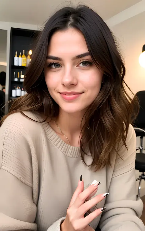beautiful brunette wearing light beige sweater (taking care of nails in a modern beauty salon), very detailed, 21 years old, innocent face, natural wavy hair, blue eyes, high resolution, masterpiece, best quality, intricate details, highly detailed, sharp ...
