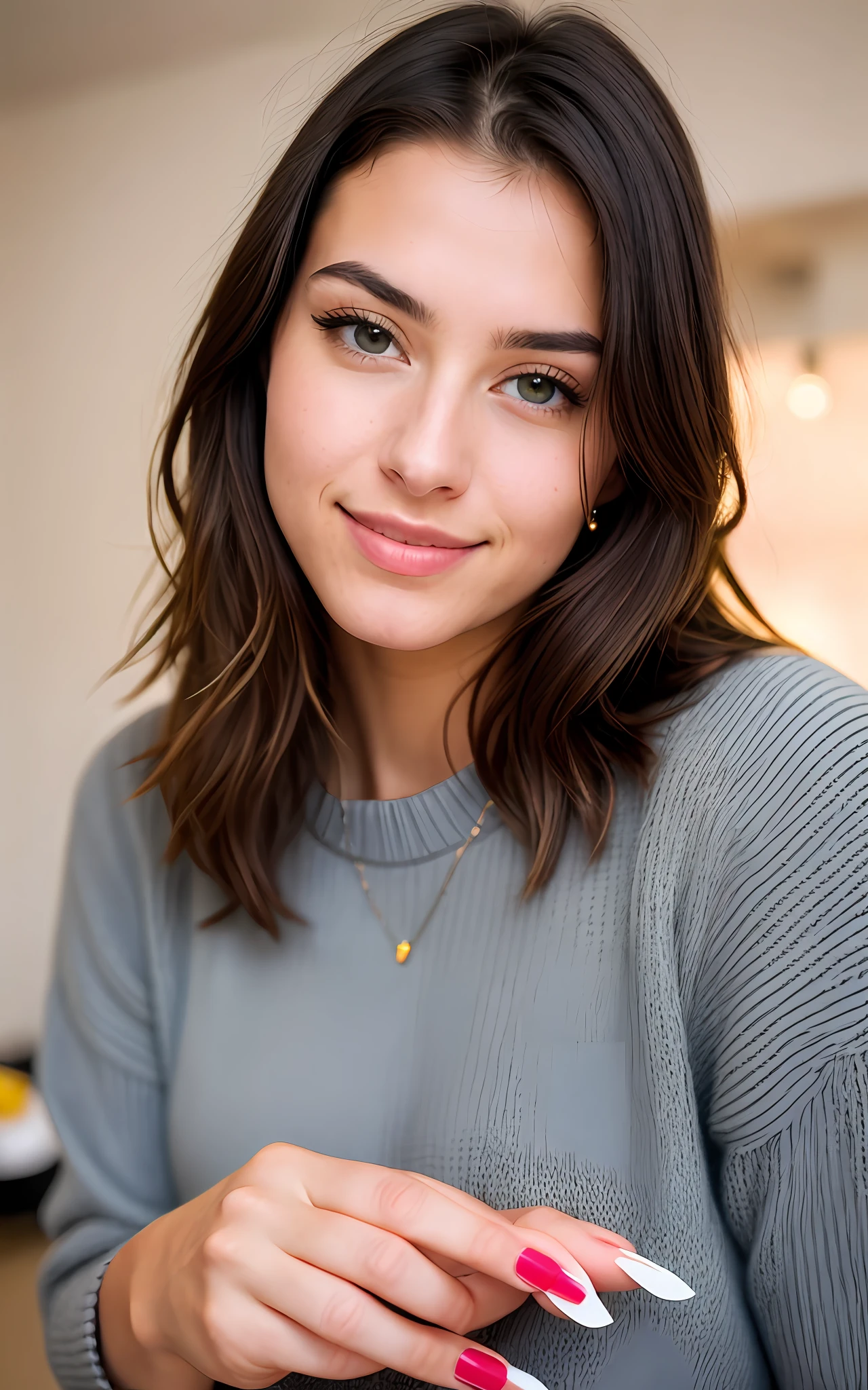 beautiful brunette wearing light beige sweater (taking care of nails in a modern beauty salon), very detailed, 21 years old, innocent face, natural wavy hair, blue eyes, high resolution, masterpiece, best quality, intricate details, highly detailed, sharp focus, detailed skin, realistic skin texture, texture, detailed eyes, professional, 4k, charming smile, shot on Canon, 85mm, shallow depth of field,  kodak vision color, perfect fit body, extremely detailed, foto_\(ultra\), photorealistic, realistic, post-processing, maximum detail, roughness, real life, ultra realistic, photorealism, photography, 8k uhd, photography