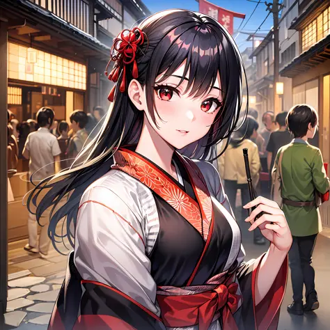 1 girl with black hair, red eyes, solo, kyoto, festival,
