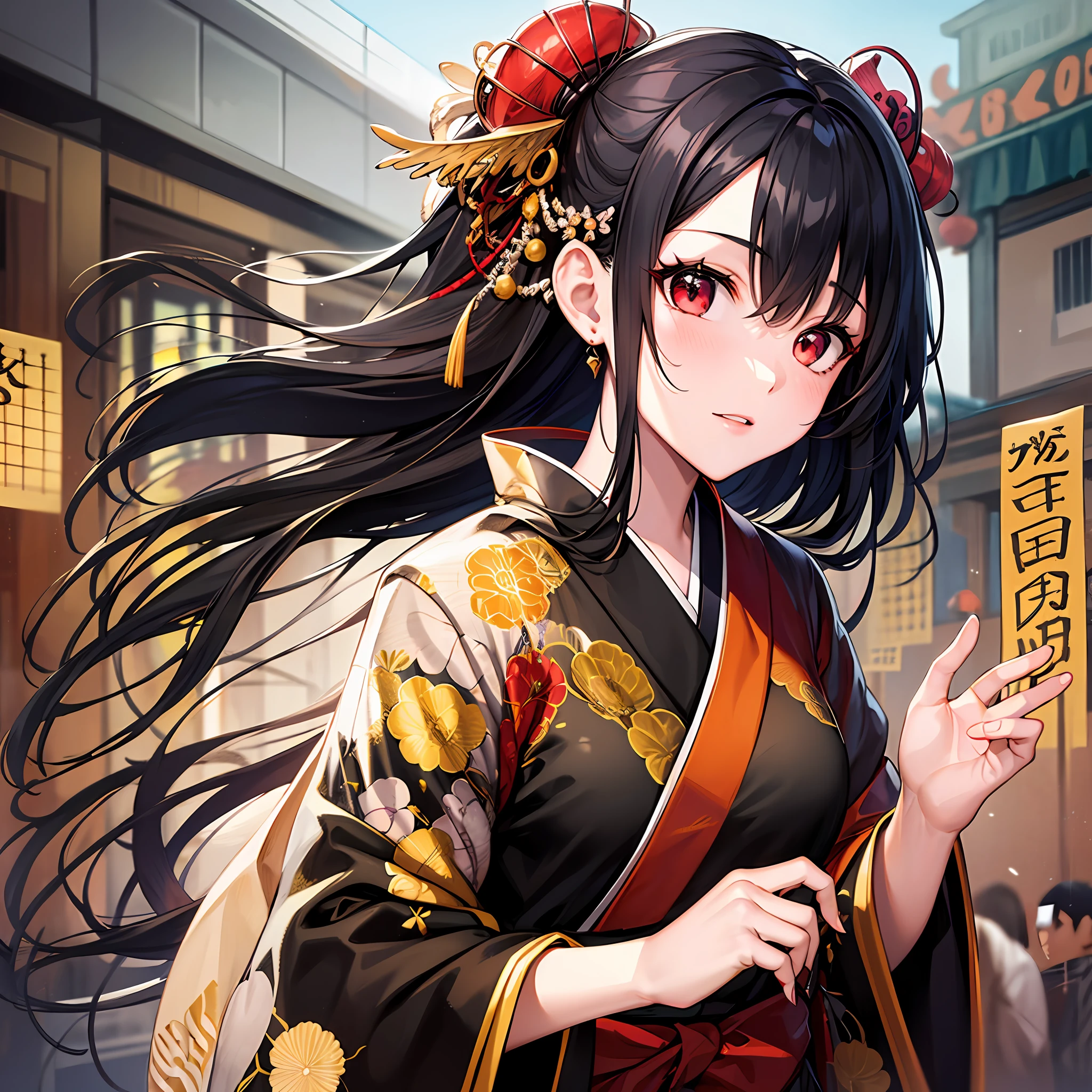 1 girl with black hair, red eyes, solo, kyoto, festival,