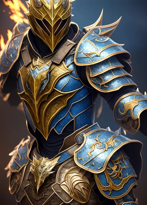 a close up of a person in a blue and gold armor, dragon inspired blue armor, blue armor, detailed fantasy armor, fantasy armor, dragon knight, hyperdetailed fantasy character, fantasy warrior in full armor, eso armor, armored warrior, unreal engine charact...