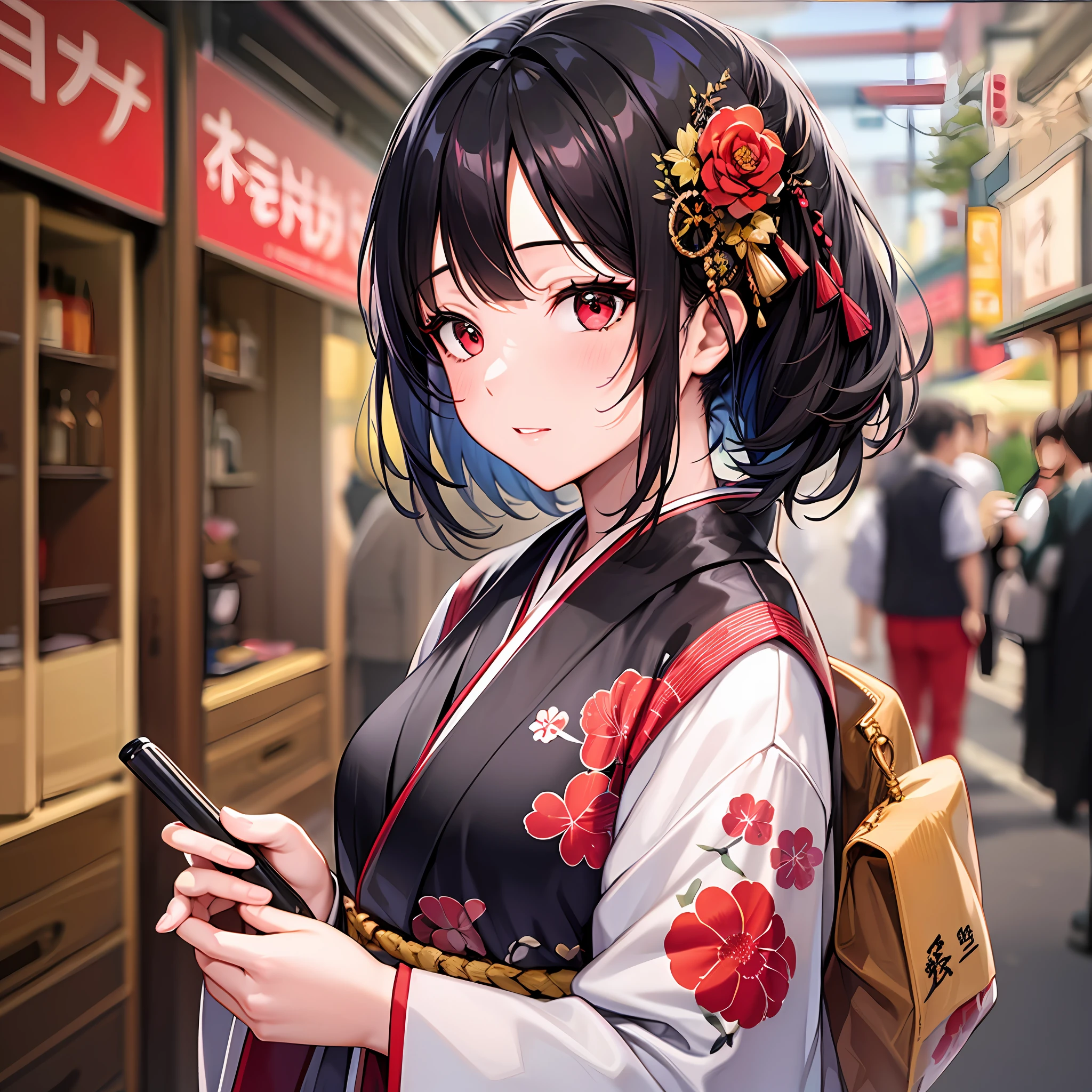 1 girl with black hair, red eyes, solo, kyoto, festival,