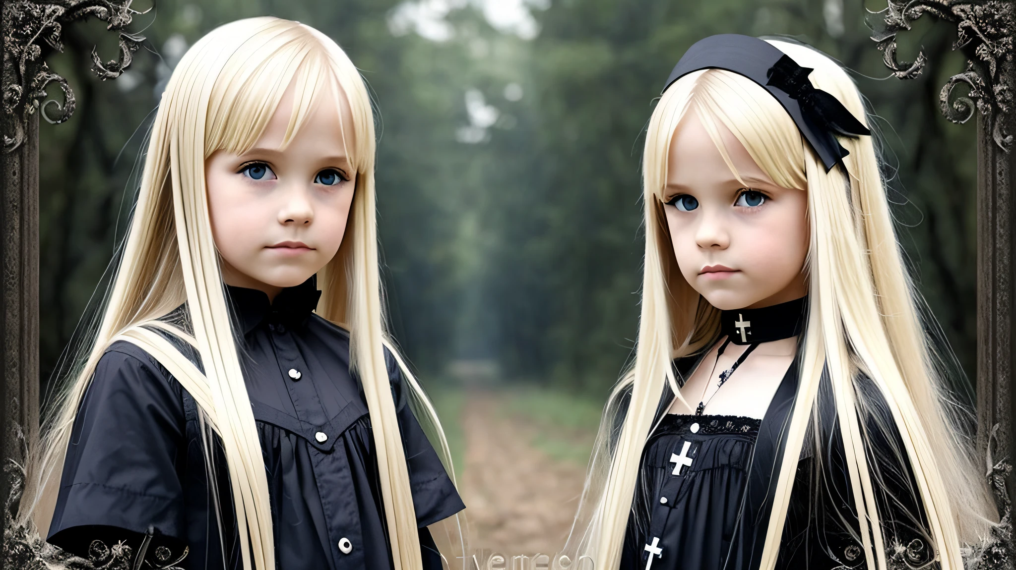 Chicas rubias con pelo largo y vestido negro en un bosque. - SeaArt AI