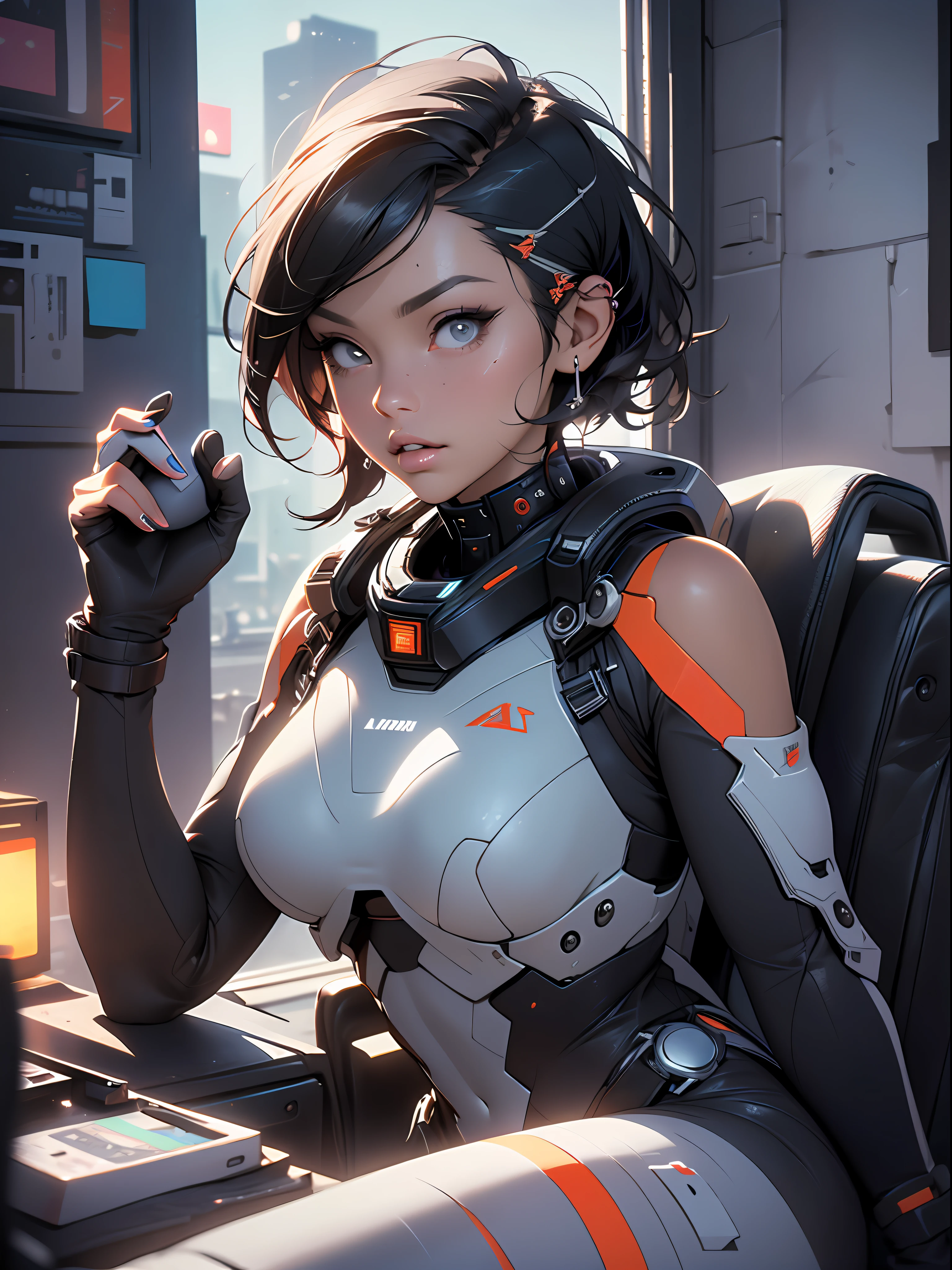 (Best Quality), ((Masterpiece), (Detail: 1.4), 3D, A Beautiful Cyberpunk Woman, HDR (High Dynamic Range), Adult Woman, Clean Face, Sensual Pose, Tanned Skin, High Contrast, Short Colored Mohawk Hair, Ray Graphics by Clothing, On A Lunar Station, Ships Can Be Seen Through The Large Window, Satin Apparel, Ray Tracing, NVIDIA RTX, Super-Resolution, Unreal 5, Subsurface Scattering, PBR Textures,  Post-Processing, Anisotropic Filtering, Depth of Field, Maximum Sharpness and Sharpening, Multilayer Textures, Albedo and Enhancement Maps, Surface Shading, Accurate simulation of light-material interactions, perfect proportions, Octane Render, Two-color light, large aperture, low ISO, white balance, rule of thirds, 8K RAW,