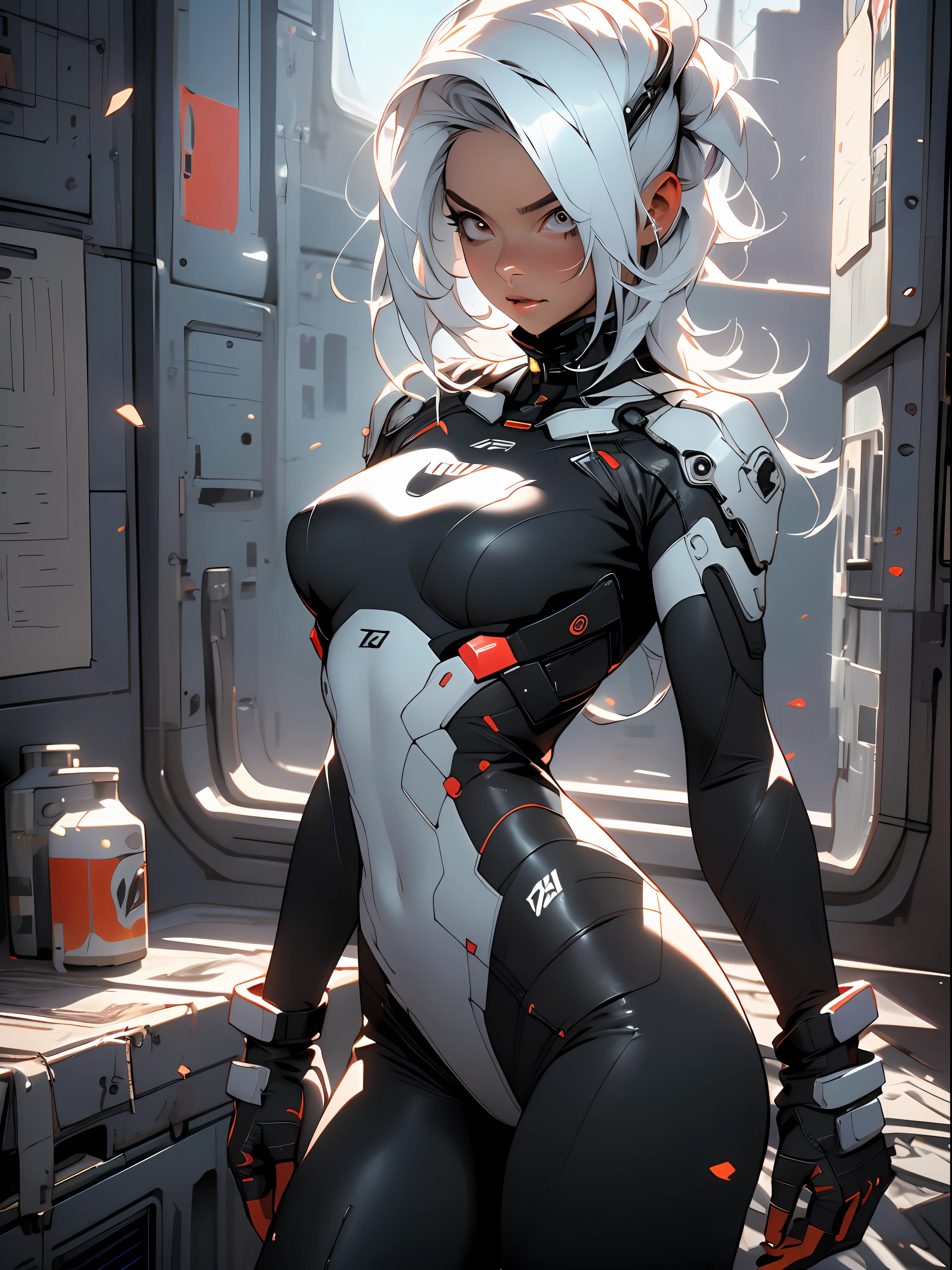 (Best Quality), ((Masterpiece), (Detail: 1.4), 3D, A Beautiful Cyberpunk Woman, HDR (High Dynamic Range), Adult Woman, Clean Face, Sensual Pose, Tanned Skin, High Contrast, Short Colored Mohawk Hair, Ray Graphics by Clothing, On A Lunar Station, Ships Can Be Seen Through The Large Window, Satin Apparel, Ray Tracing, NVIDIA RTX, Super-Resolution, Unreal 5, Subsurface Scattering, PBR Textures,  Post-Processing, Anisotropic Filtering, Depth of Field, Maximum Sharpness and Sharpening, Multilayer Textures, Albedo and Enhancement Maps, Surface Shading, Accurate simulation of light-material interactions, perfect proportions, Octane Render, Two-color light, large aperture, low ISO, white balance, rule of thirds, 8K RAW,