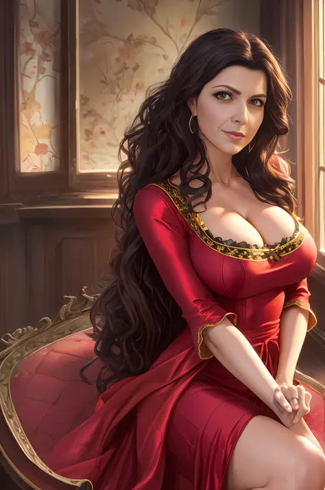 marisa tomei is a very sexy Mother Gothel, long curly hair, red dress, sharp focus, volumetric lights, UHD, HDR, masterpiece , 8K, big breasts, square neckline, cleavage, mature, milf, mistress, thirst trap, cosplay