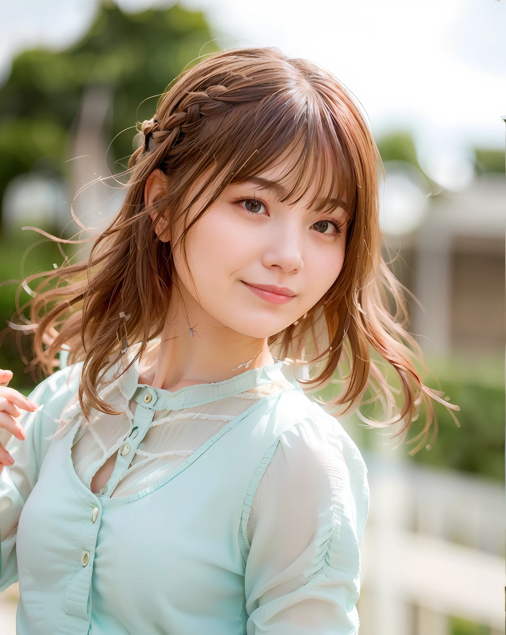 Top Quality, 1 Girl, (Skindentation), (Big), (Sun), Bright, Blurred Background, Outdoors, (Street:0.6), (People, Crowd:1), (Braided Bangs, Wavy Hair:1.5), (Sheer Shirt:1.5), Gorgeous (Floating Hair:1.5), (Dynamic Pose:1.8), Soft Lighting, Wind, Garden,