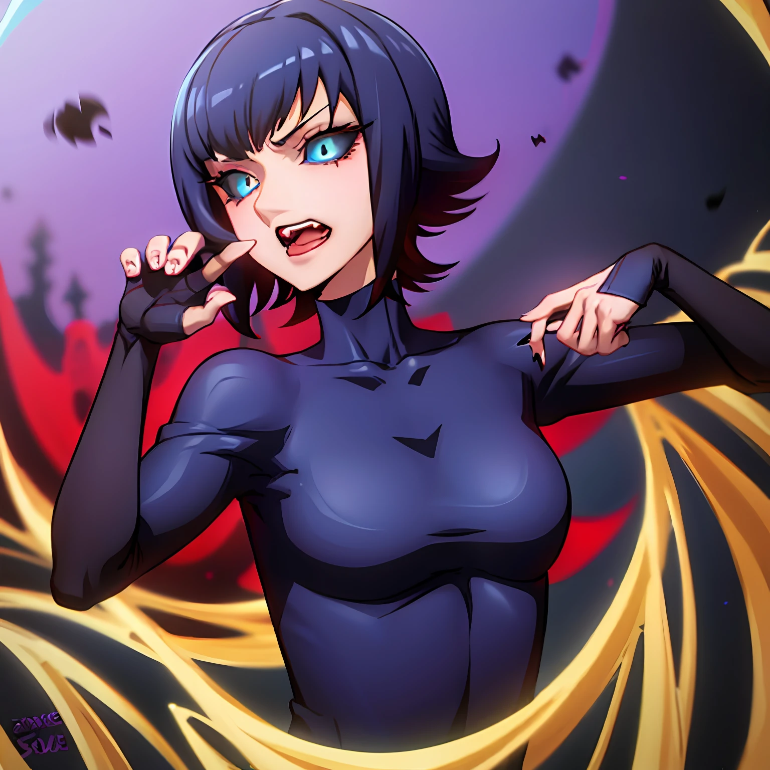 A closeup of a woman with a vampire makeup and open mouth showing her teeth while her tongue is sticking out, black sclera, blue eyes, androgynous vampire, anime vampires, 1 7 - year - old anime gothic girl, beautiful vampire queen, vampire L, female vampire, beautiful female vampire queen, today's anime featured still,  gothic horror vibes, in the anime series ergo proxy, vampire girl, vampire queen, short hair, black hair,