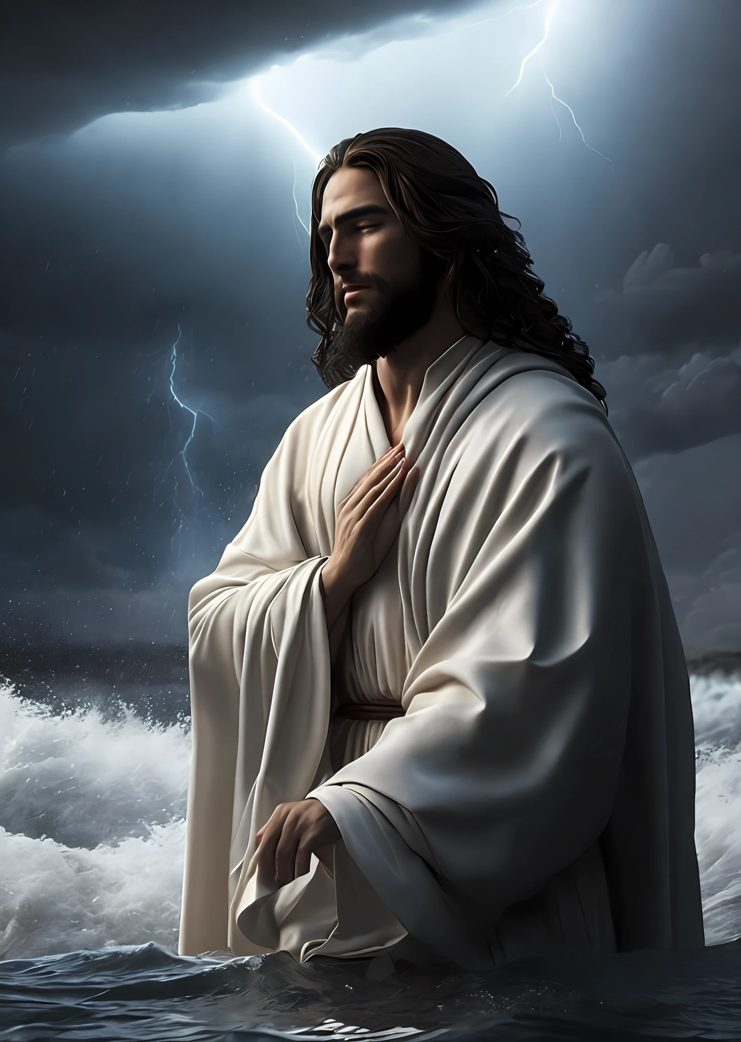 Jésus-Christ priant sur l'eau pendant une tempête, robes blanches, vagues, Expression douce, dark sky with foudre, foudre, réalisme photographique, chef-d&#39;œuvre, Haute qualité, Haute qualité, Fond d&#39;écran CG Unit 8k très détaillé, Des photos primées, bokeh, profondeur de champ, HDR, floraison, aberration chromatique, Réaliste, très détaillé, tendance dans la société CG, Complexe, Détails élevés, Spectaculaire, éclairage volumétrique