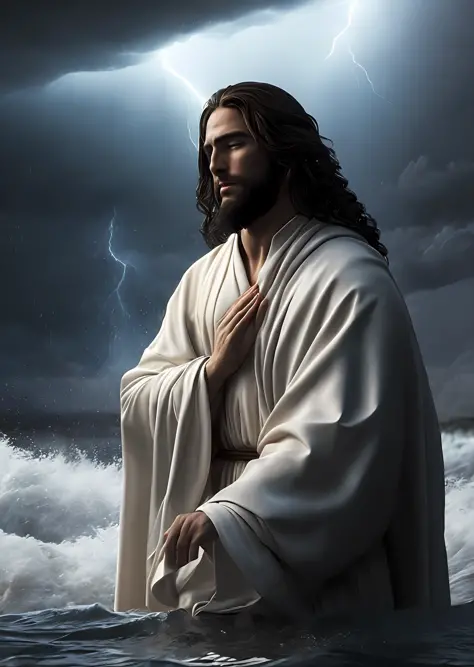 Jesus Christ praying over water in a storm, white robes, waves, soft expression, dark sky with lightning, lightning, photo reali...