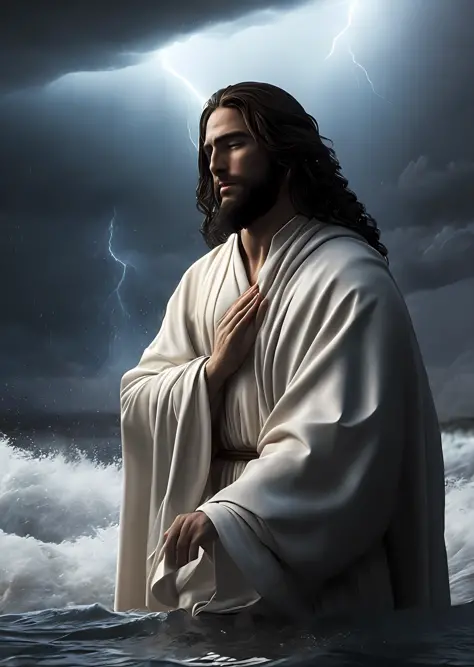 jesus christ praying over water in a storm, white robes, waves, soft expression, dark sky with lightning, lightning, photo reali...