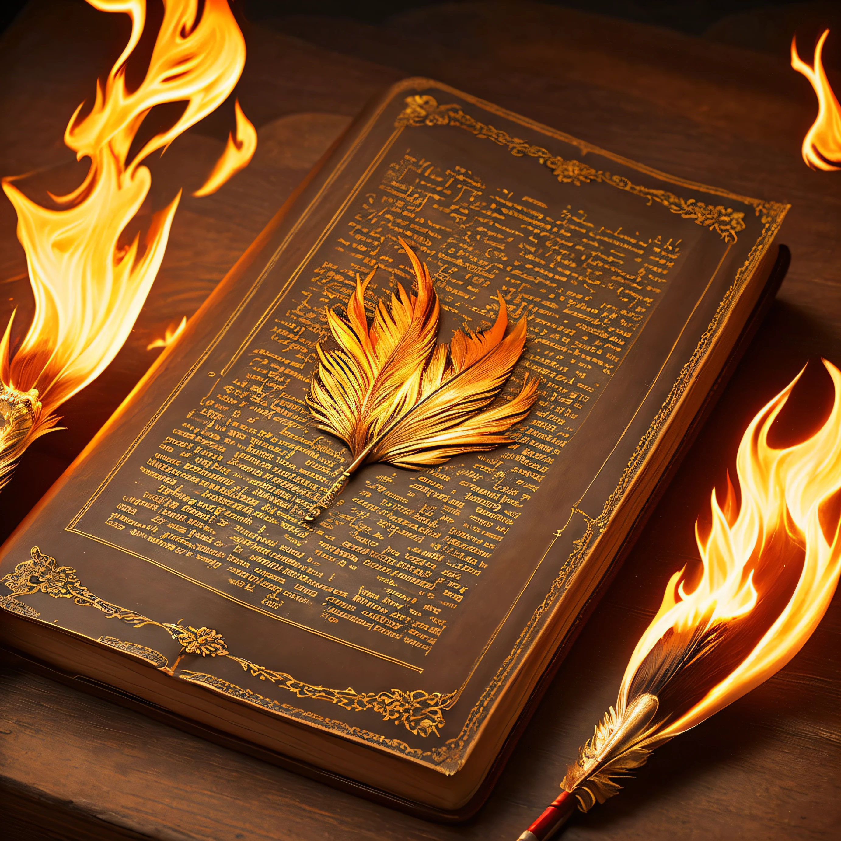 masterpiece, epic, of course! Here is a description of an image that represents a book with a feather and fire.

The image shows an open book on a table. The cover of the book is brown leather, weather-worn with some stains. On the right page of the book, there is an antique writing pen, with details carved into its wooden rod and a thin metal tip. The feather rests on the page, as if ready to write.

Around the book and the feather, there are flames of fire dancing, emitting shades of orange, yellow, and red. The flames are depicted in realistic detail, with their tongues licking the air. The fire adds an atmosphere of intensity and mysticism to the image.

This image can evoke the idea of an ancient and mysterious book, containing powerful and secret knowledge that is transmitted through the pen, while the fire symbolizes the passion and power of wisdom that are contained in the book.