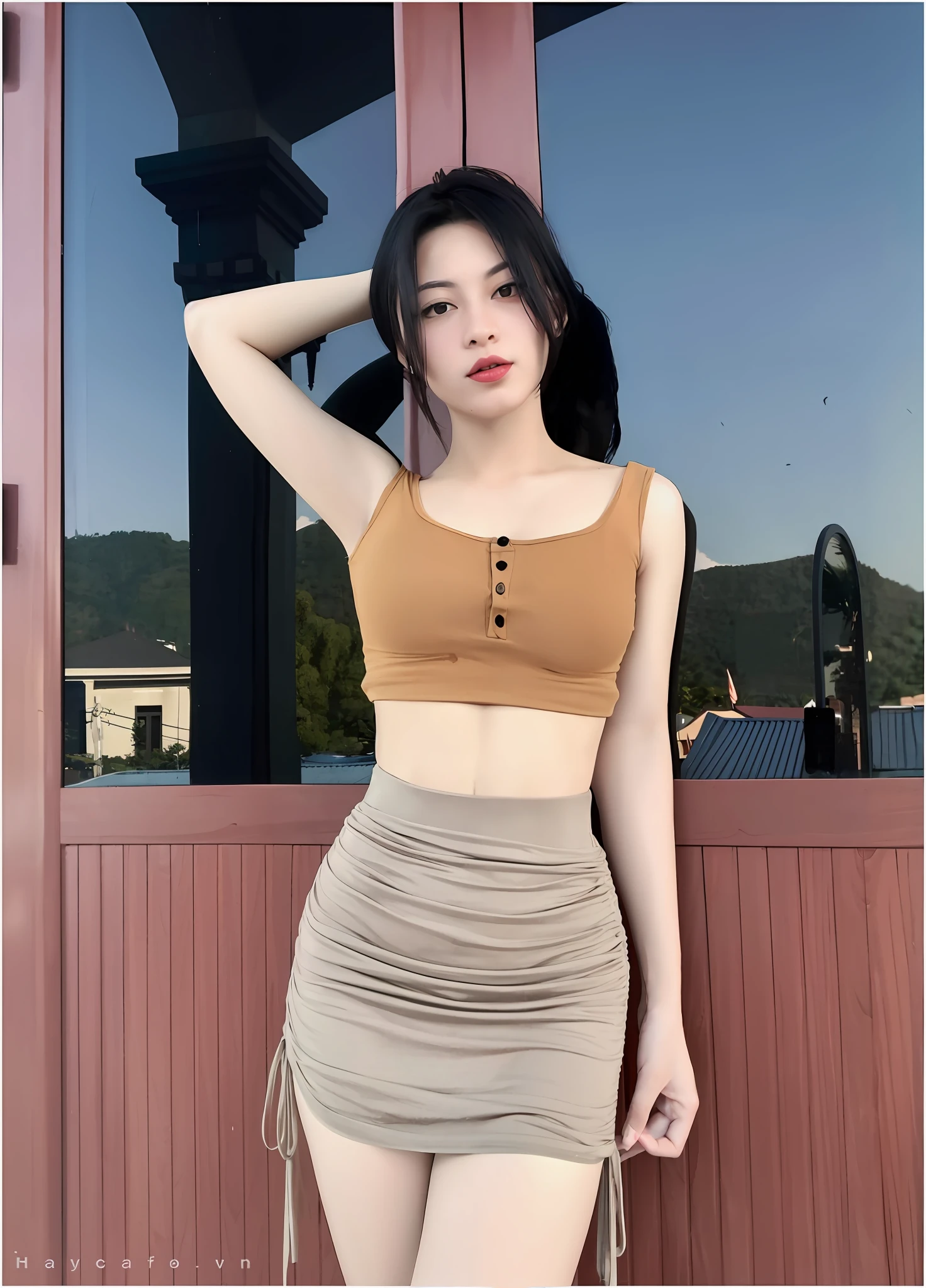 A woman in a tan top and skirt posing for a picture - SeaArt AI