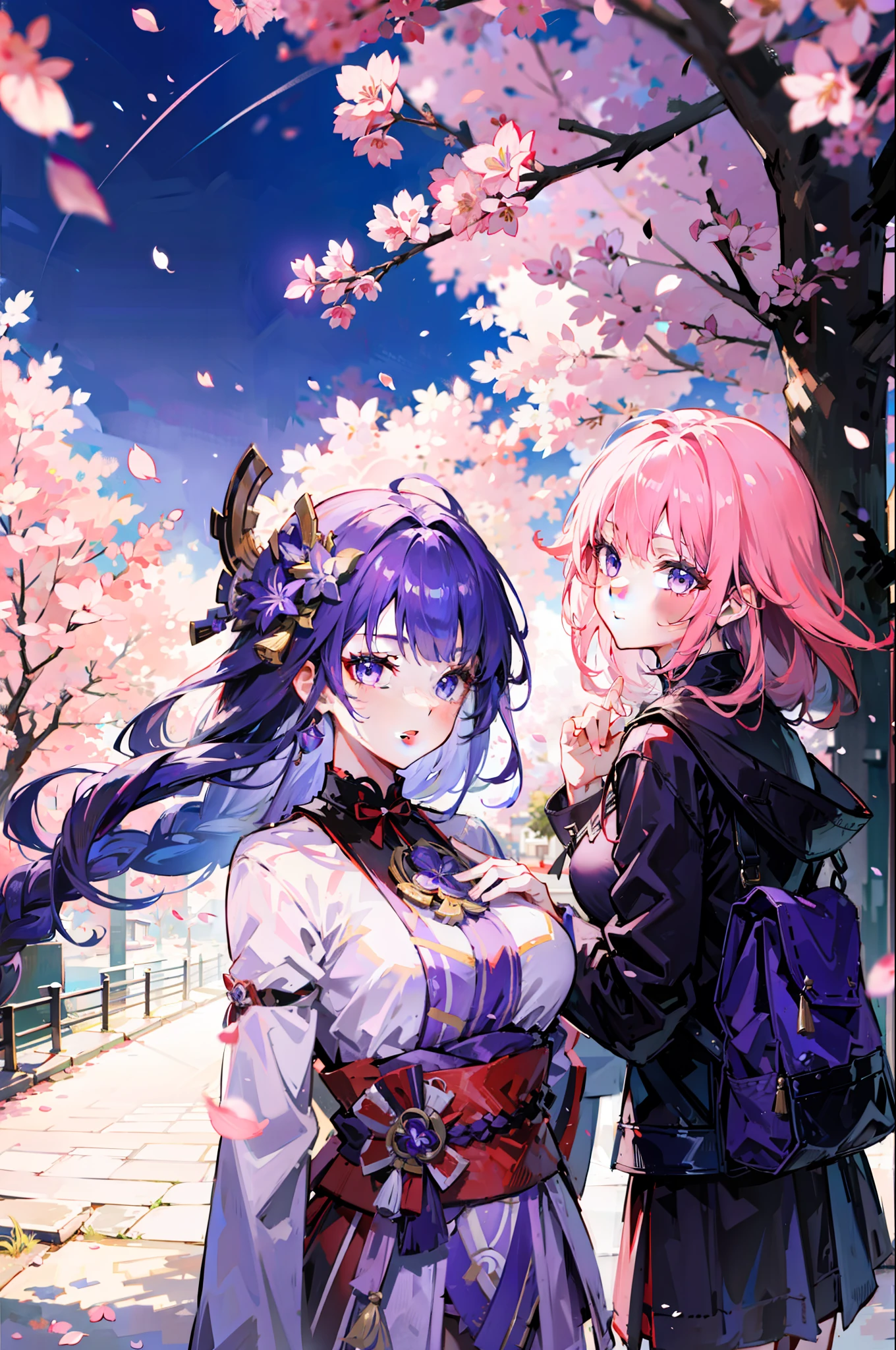 2 girls , masterpiece, best quality, photorealistic, outdoors, cherry blossoms, sunlight, depth of field, beautiful lighting, cinematic lighting, street, city lights, AND yae miko, pink hair, purple eyes, Raiden shougn, purple hair , purple eyes, fashion clothes