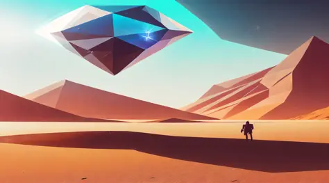 a man standing in the middle of a desert with a giant diamond in the background by christopher balaskas