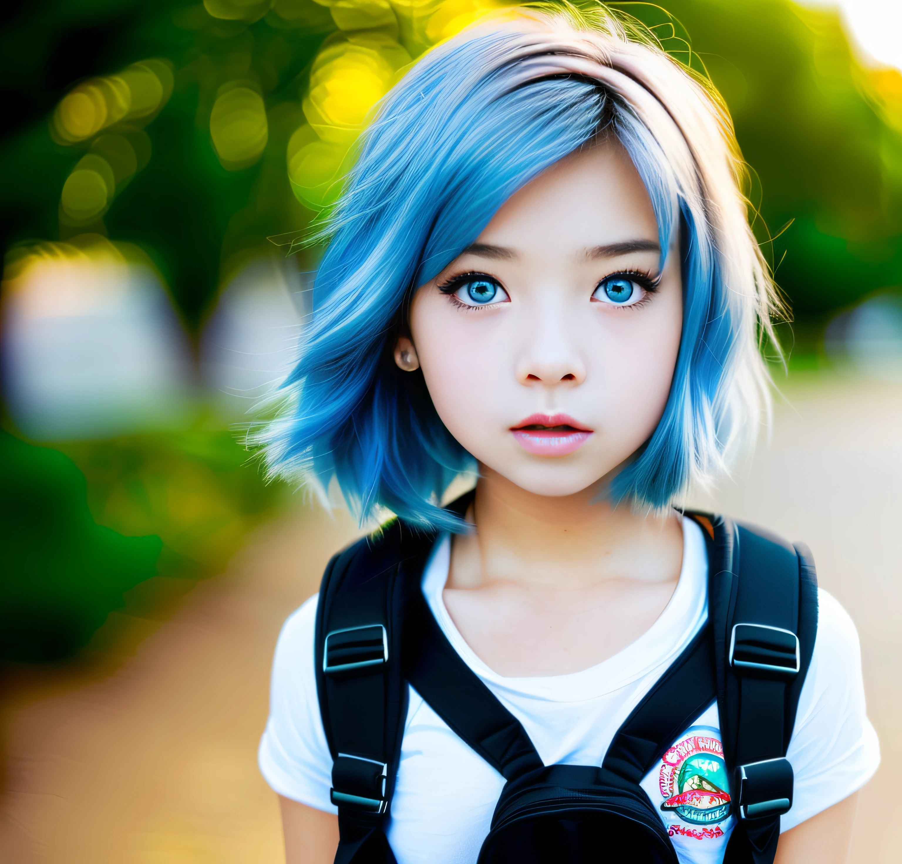 A girl with anime face, blue hair, black eyes. eating frano, with school clothes, wearing a backpack in front of a school, high quality