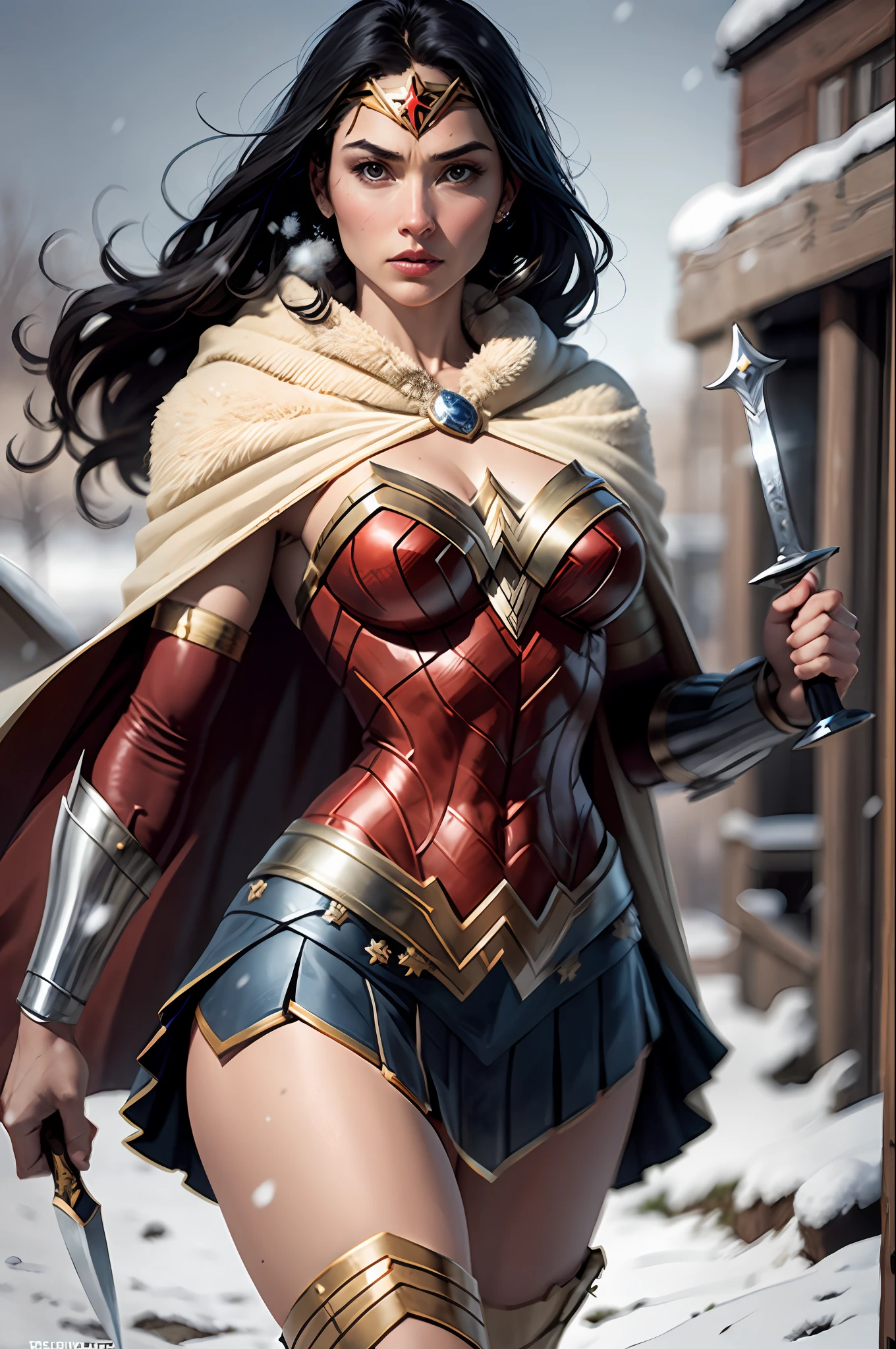 jim lee,

1girl, wonder woman, armlet, black hair, blurry, bracer, breath, cape, cowboy shot, depth of field, holding, holding weapon, lasso, looking at viewer, parted lips, pommel, realistic, reverse grip, shield, skirt, snow, snowing, solo, superhero, sword, tiara, toned, weapon, weapon behind back

, ((masterpiece))