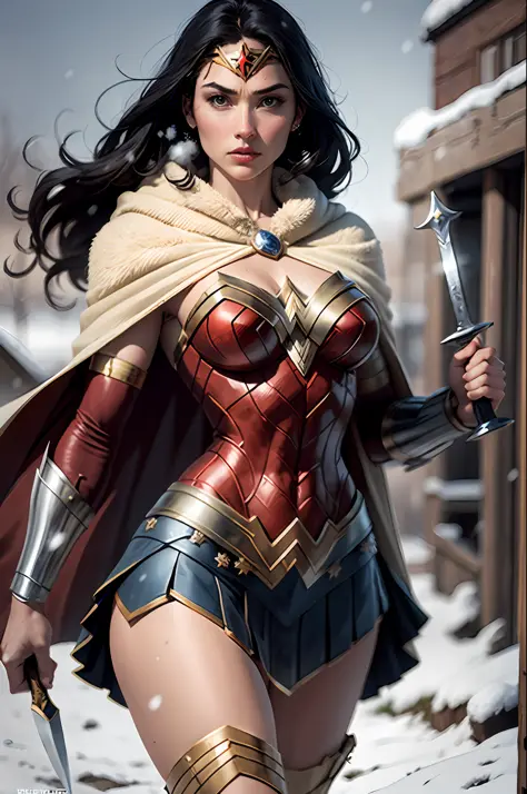 jim lee,

1girl, wonder woman, armlet, black hair, blurry, bracer, breath, cape, cowboy shot, depth of field, holding, holding w...