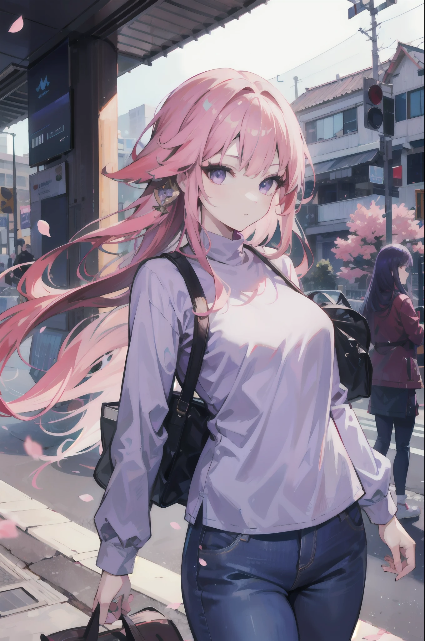 2 girls , realistic face and body, masterpiece, best quality, photorealistic, outdoors, cherry blossoms, sunlight, depth of field, beautiful lighting, cinematic lighting, street, city lights, AND yae miko, pink hair, purple eyes, blue shirt, jeans Raiden shougn, purple hair , purple eyes, jeans, yellow shirt