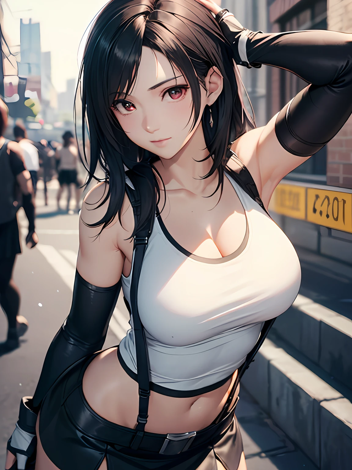 8k,masterpiece, bset quality,big, (1 girl), tifa lockhart, red_eyes, black hair, long hair, professional lighting, (shiny skin: 1.2), shiny big, ((best quality)), sharp focus: 1.2, highly detailed face and skin texture, detailed eyes, perfect face, perfect body, blur art, cg, background, Big with presence, 20yo, mature cool and beautiful face, worn ((Suspender Black Skirt), Black Elbow Gloves, White Taut Shirt, Tsi-Hi, White Tank Top), Blushing, (Mittgal), Random Pose, Shortcut Hair Shortcut