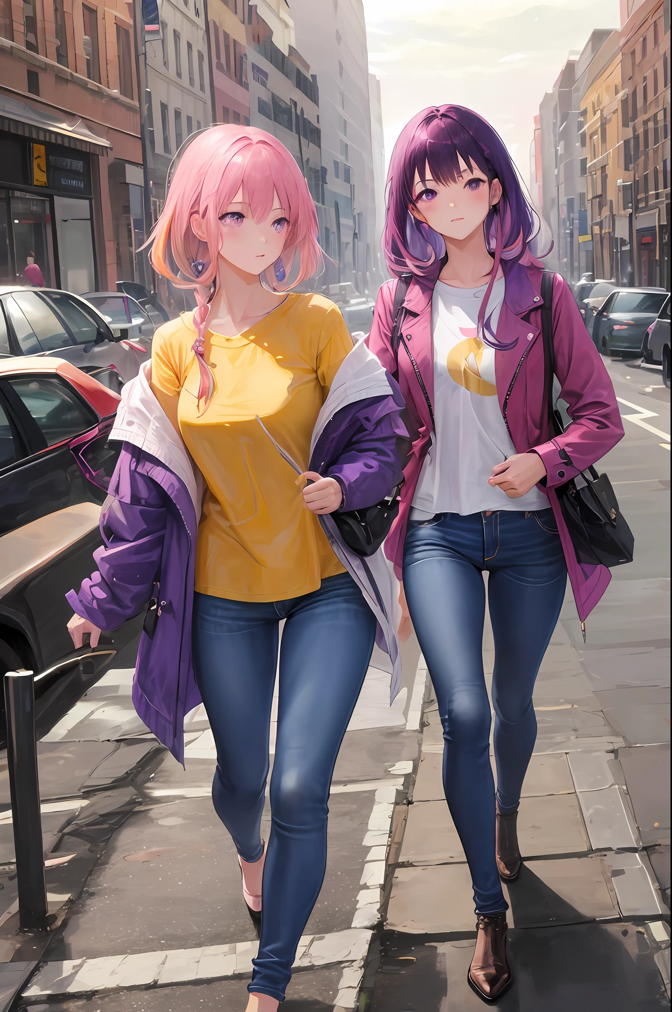 2 girls walking in the city, yae miko, pink hair, purple eyes, jeans,yellow shirt, and raiden shougn, purple hair, purple eyes, black jeans , pink jacket