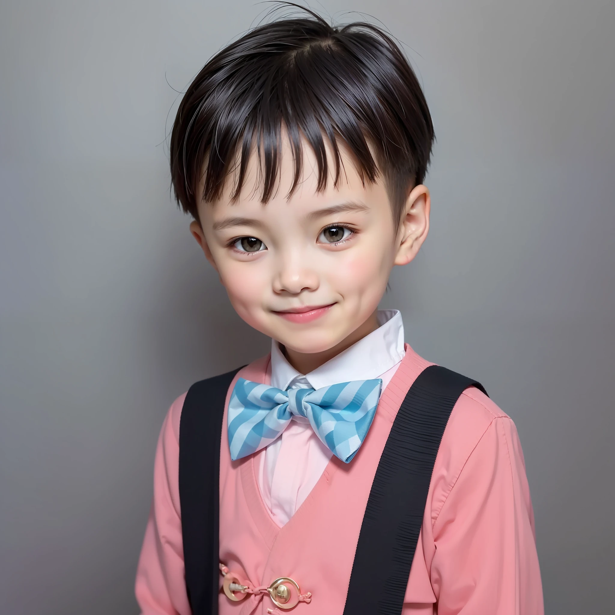 Modern style, white background, Chinese children's ID photo, handsome, smiling boy, black eyes, flat head, bow tie