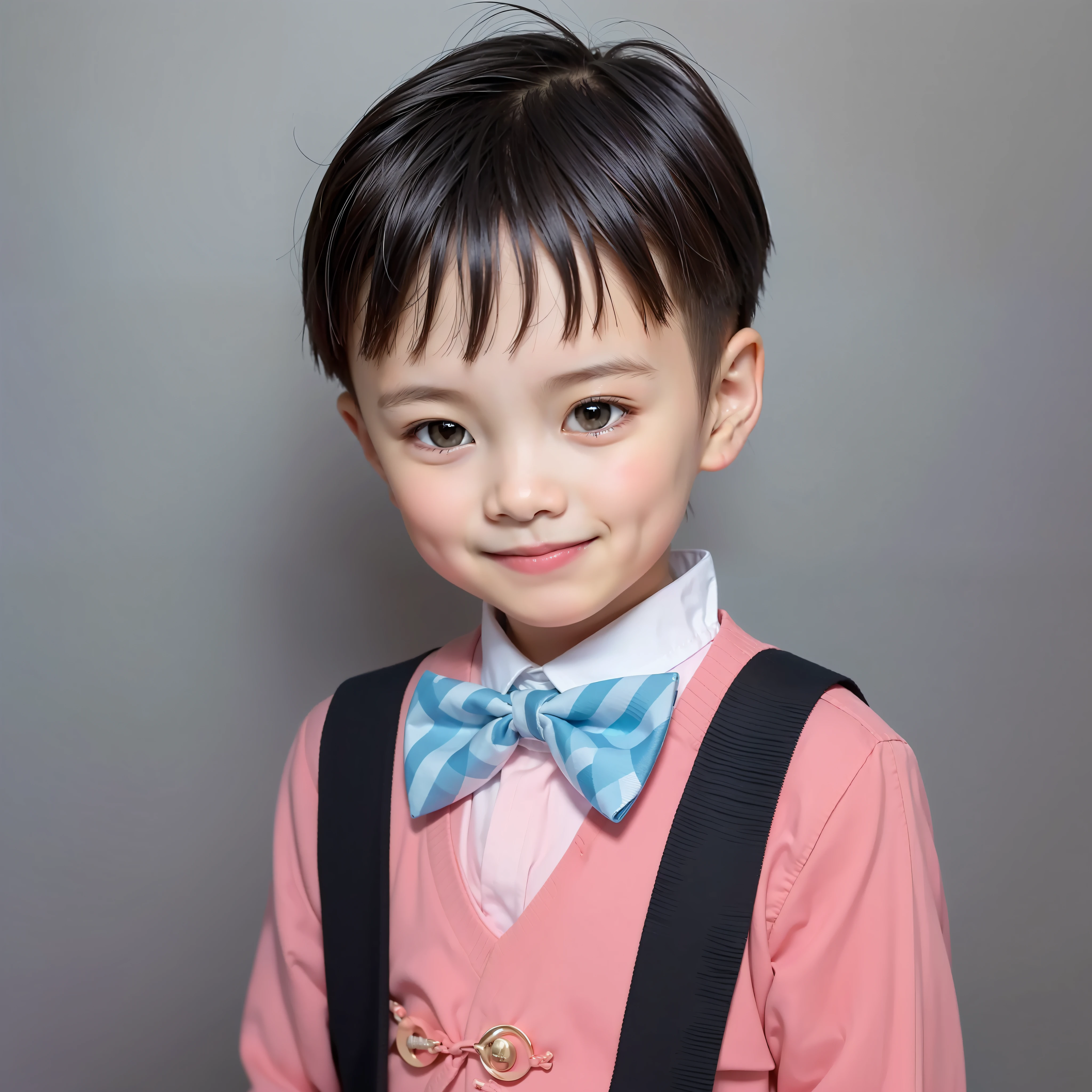 style moderne, fond blanc, Photo d&#39;identité d&#39;un enfant chinois, beau, garçon souriant, Yeux noirs, tête plate, noeud papillon