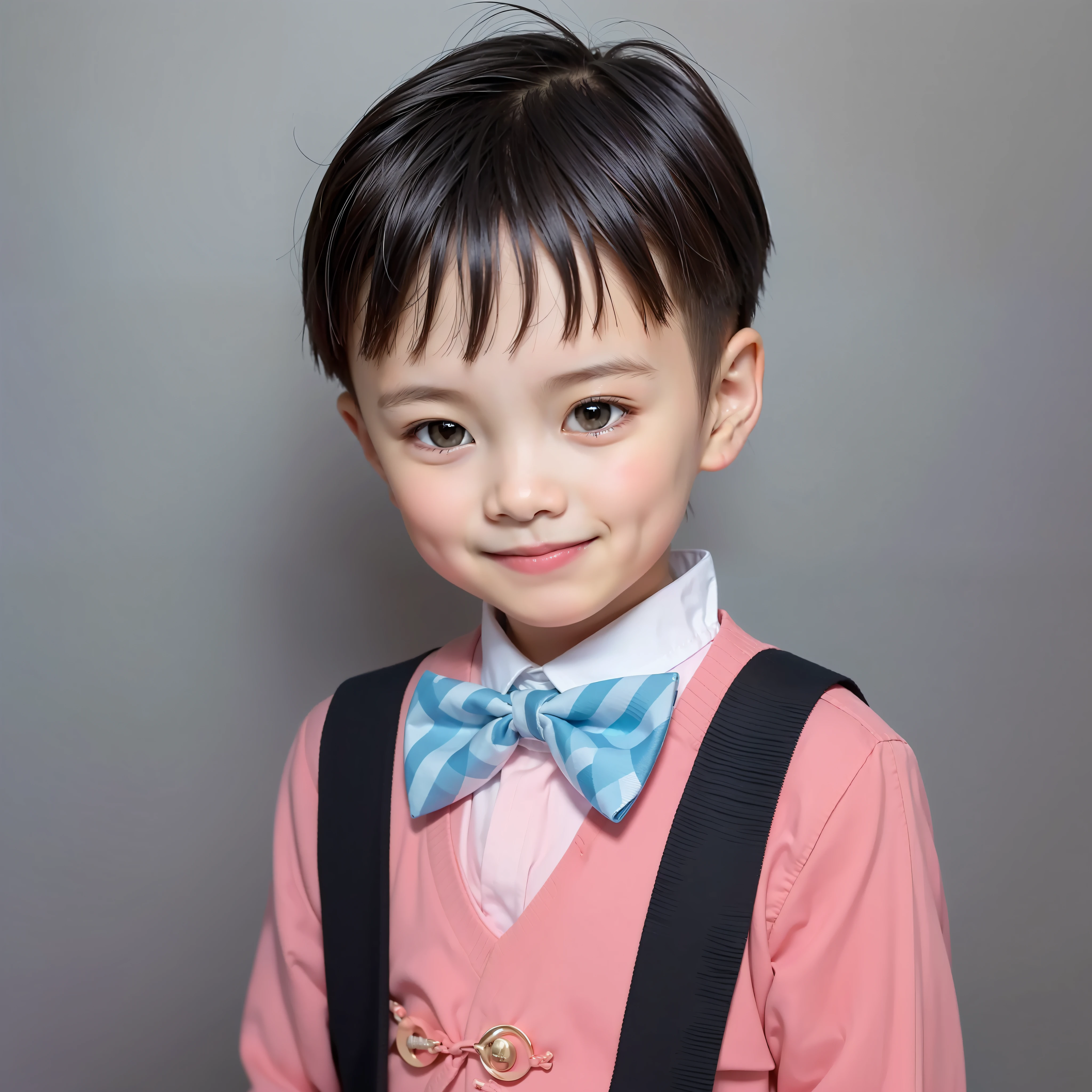 estilo moderno, Fondo blanco, Foto de identificación de niños chinos, elegante, niño sonriente, ojos negros, cabeza plana, corbata de moño