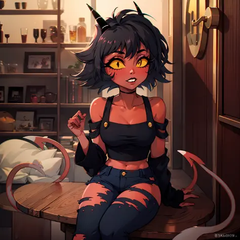 red skin, yellow sclera, black short hair, horns, black croptop, tail, elf ears, 1girl, millie, demon girl, black ripped jeans