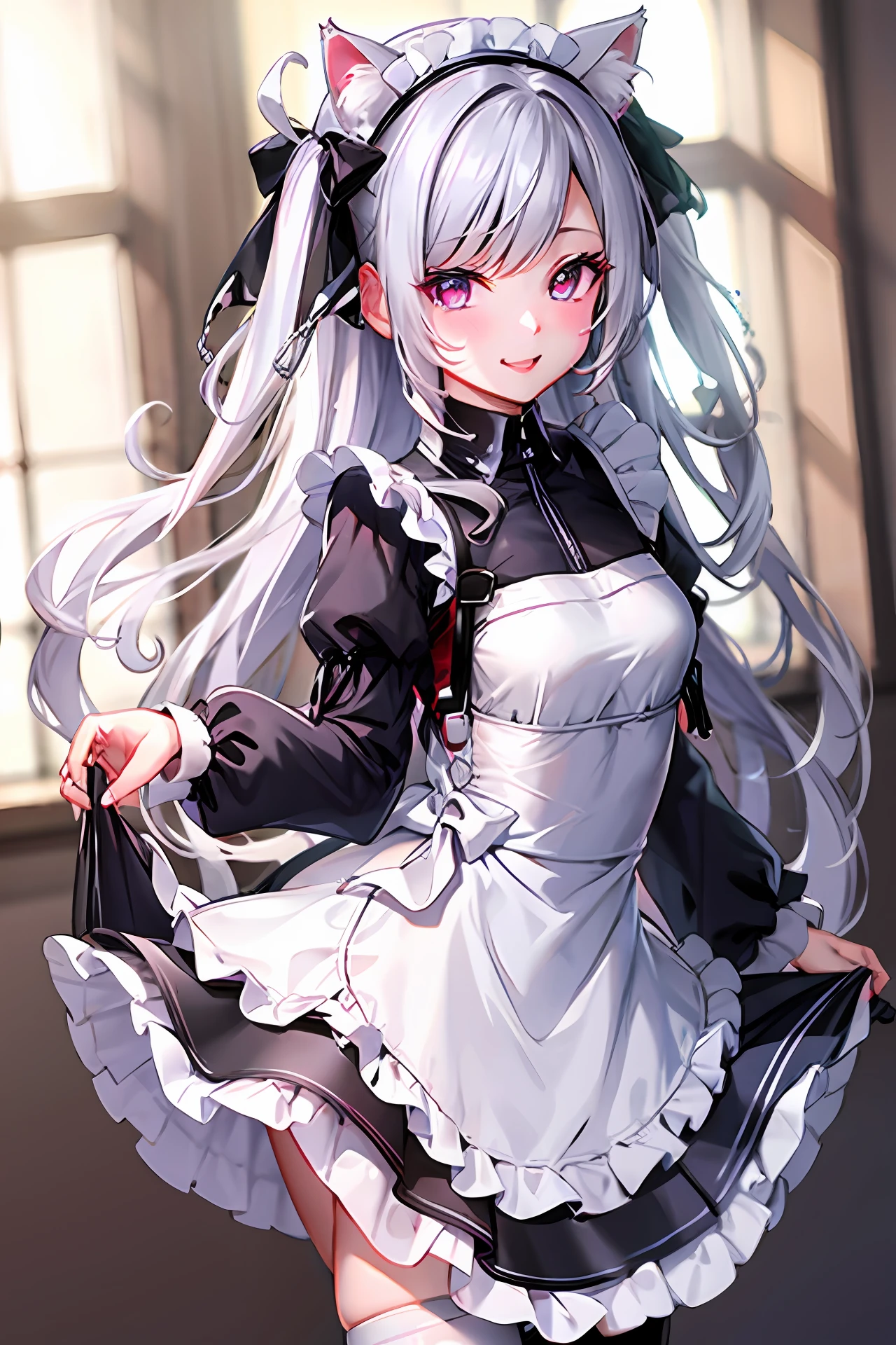 Best quality, cat ears, white stockings, maid outfit, lace, classical, three-dimensional, white complexion, cute, squint