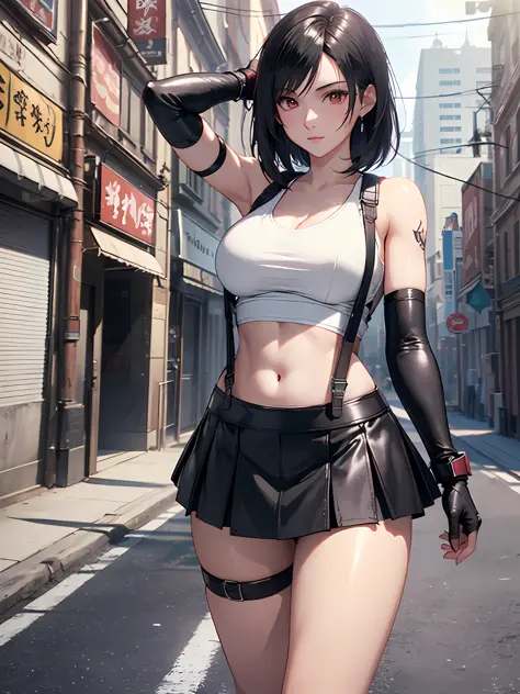 8k,masterpiece, bset quality,big, (1 girl), tifa lockhart, red_eyes, black hair, long hair, professional lighting, (shiny skin: ...