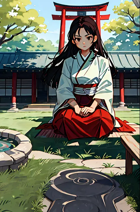 masterpiece, best quality, 1girl, dark hair, dark eyes, hakama red and white, outdoor, sitting, field, village, bottom, face, an...