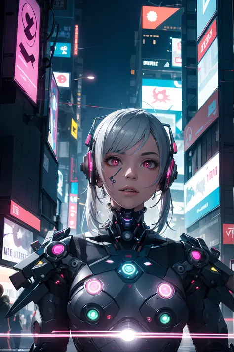 absurdres, highres, reflection, refraction:1.4, ultra detailed:1.4, (photorealistic:1.4, ultra high res, RAW photo), BREAK (cyberpunk:1.3), Android, robot_girl, silver hair, beautiful face with cool expression, In the dark decaying ruins, (super wide angle...