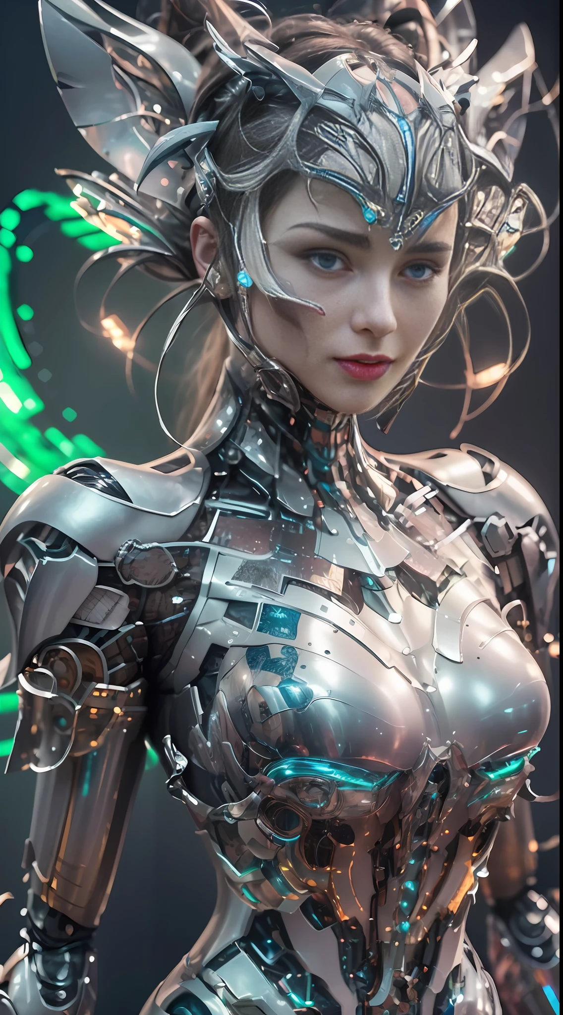 Masterpiece, best quality, super detailed, very detailed illustrations, very detailed, intricate details, high resolution, super complex details, very detailed 8k cg wallpaper, 50MM lens, caustics, reflections, ray tracing, nebulae, dark halos, network effects, (1girl:1.4), solo, alone, mecha musume, mechanical parts, robot joints, single mechanical arm, headgear, mechanical halo, star halo, electric mechanical bodysuit, mecha corset, kimono, full armor, very long hair, white hair, hair between eyes, multicolored hair, blue eyes, glowing eyes, random expression, random action