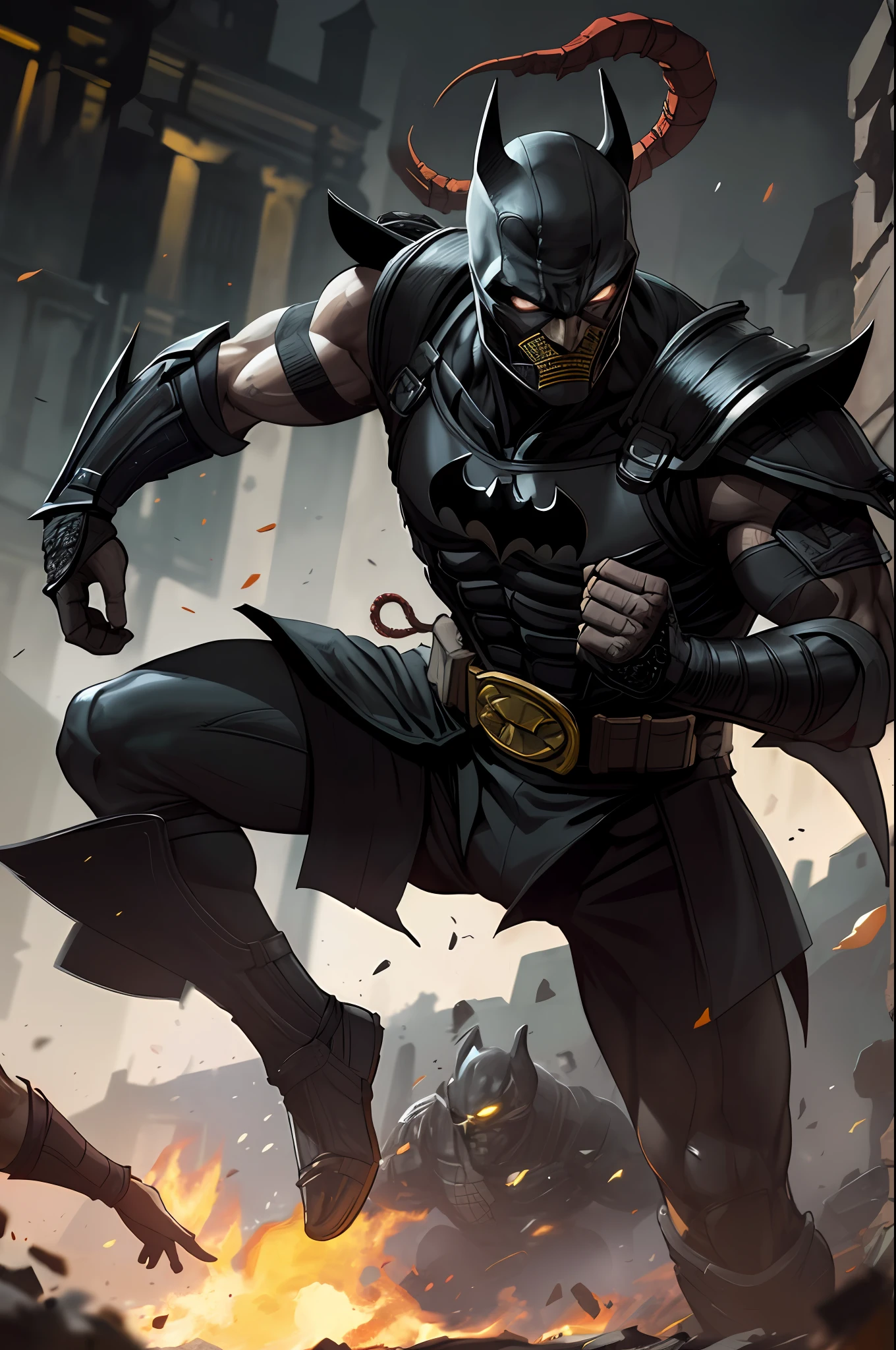 mortal kombat scorpion, detailed white eyes, bladk and gray armor, Batman mask, veins in his arm, intricate, high detail, sharp focus, dramatic and photorealistic painting art by greg rutkowski, action scene: fight from the game Mortal Kombat