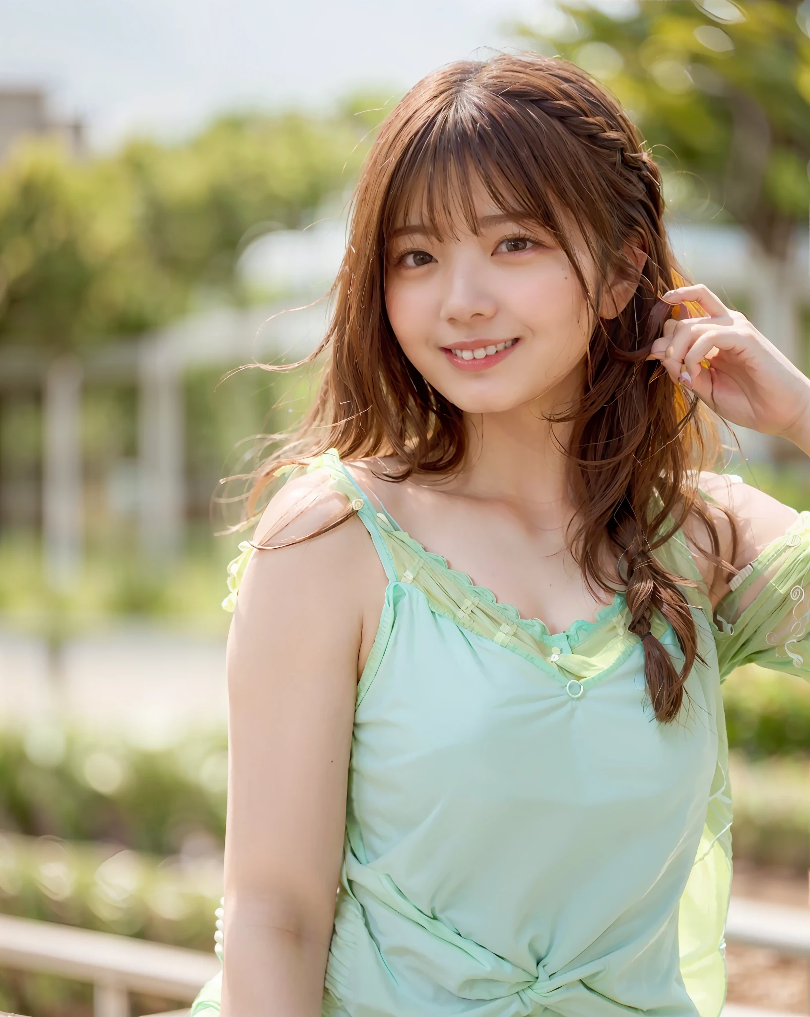 Top Quality, 1 Girl, (Skin Dentation), (Big), (Sun), Bright, Blurred Background, Outdoors, (Street:0.6), (People, Crowd:1), (Braided Bangs, Wavy Hair:1.5), (Camisole:1.8), (See-through Shirt:1.8), Gorgeous (Floating Hair:1.2), (Dynamic Pose:1.8), Soft Lighting, Wind, Garden