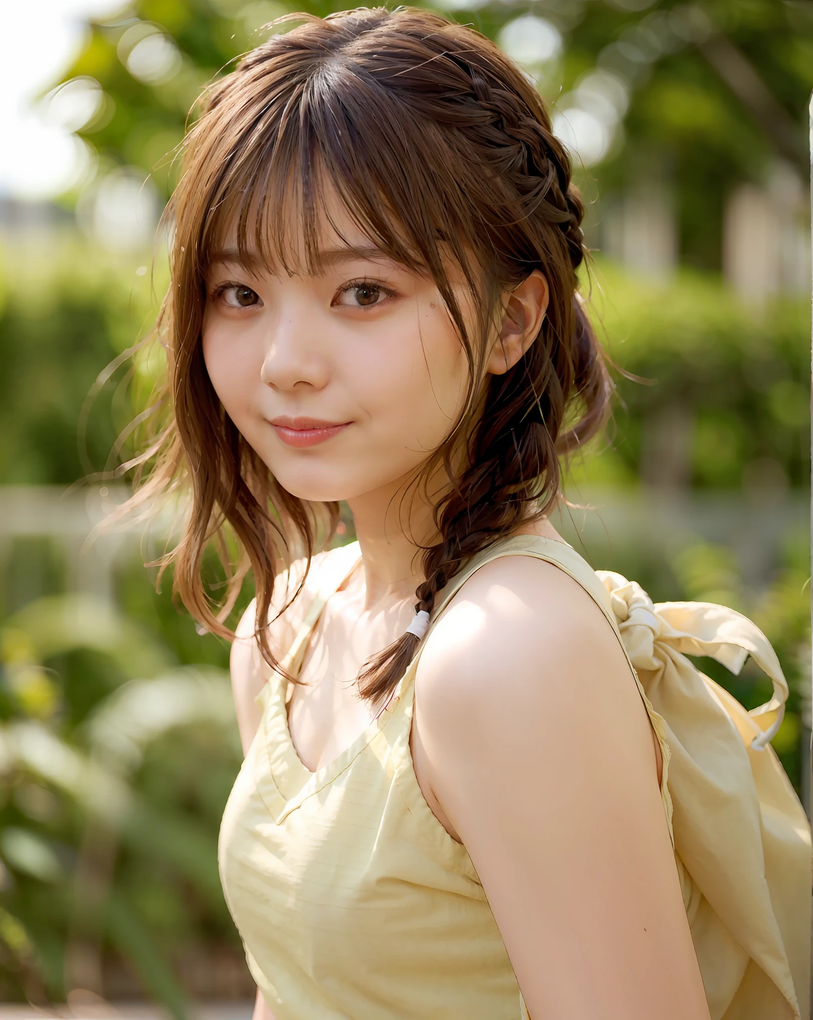 Top Quality, 1 Girl, (Skindentation), (Big), (Sun), Bright, Blurred Background, Outdoors, (Street:0.6), (People, Crowd:1), (Braided Bangs, Wavy Hair:1.5), (Peach Camisole: 1.8), Soft Lighting, Wind, Garden