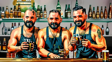 there are [three:1.5] men who are standing next to each other, behind the deck of the bar with mugs of beer, They made the beer and are happy for it and celebrate, decorated walls, old brewery, barrels,(((masterpiece))