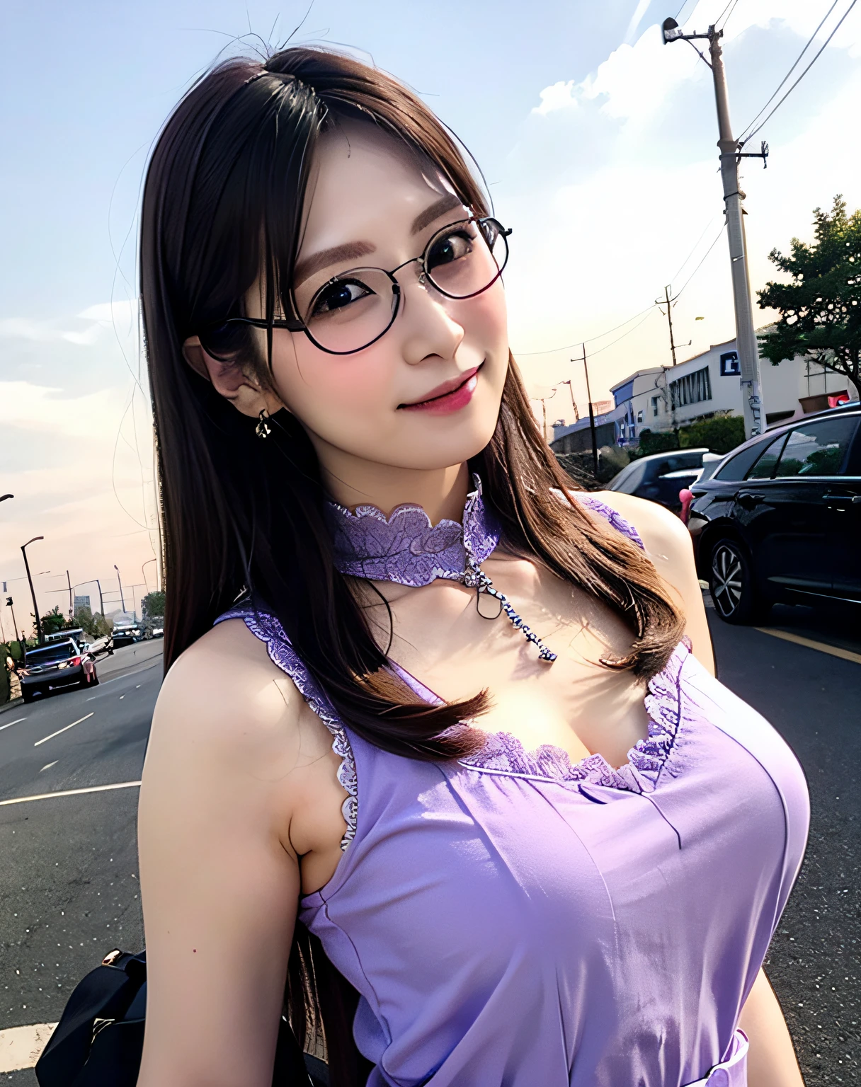 a woman posing on the ถนน corner with light purple dress on with แว่นตา on, คุณภาพดีที่สุด, ความละเอียดสูง, 8k, 1สาว, (หน้าอกใหญ่), วัน, สว่าง, กลางแจ้ง, (ถนน:0.8), (ประชากร, ฝูงชน:1), (ชุดเดรสประดับลูกไม้:1.5, เสื้อผ้าสีม่วง:1.5, ชุดเดรสคอสูงสีม่วง:1.5, ชุดเดรสแขนกุด, ผ้าสีม่วงอ่อน1.5), งดงาม, (แว่นตา, หน้าผาก, ผมยาว), ท้องฟ้าที่มีรายละเอียดสวยงาม, ต่างหูสวยๆ, (โพสท่าแบบไดนามิก:0.8), (ร่างกายส่วนบน:1.2), แสงนุ่มนวล, ลม, ผิวมันเงา, มองไปที่ผู้ดู, รอยยิ้ม, ปิดปาก,
