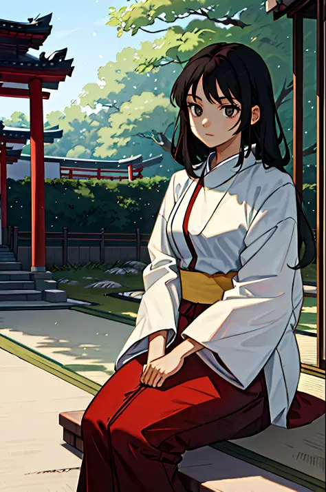 masterpiece, best quality, 1girl, dark hair, dark eyes, hakama red and white, outdoor, sitting, field, village, bottom, face, an...