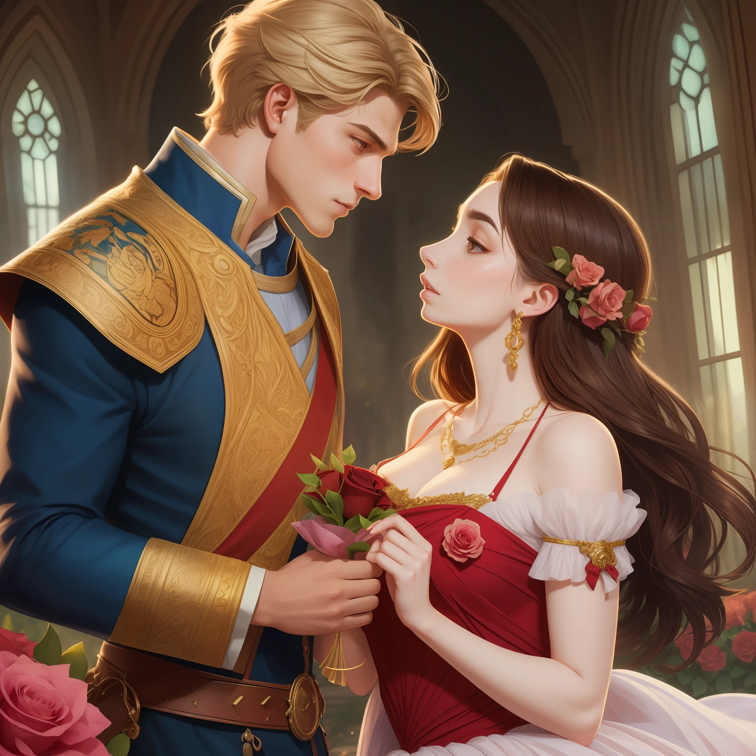 Couple kisses a house and a woman with much affection, the man Neels Visser is a prince who has golden blonde hair, wears a medieval military outfit and is in love with the commoner woman Lily Collins, who has dark curly black hair and wears a red dress, illustration of a romance book cover with a detail,  smooth, bright background full of flowers ivy toppings and red roses, castle, ornate dress standing on a bed of roses, edge light, lighting lighting, ethereal lighting, ultra detail, concept art, elegant, surreal, art by Lisa Aisato, Greg Hildebrandt, Citemer Liu, Stjepan Sejic, Samyang, Aykut Aydogdu, Justin Gerard, Alphonse Mucha, Artgerm, WLOP and Greg Rutkowski