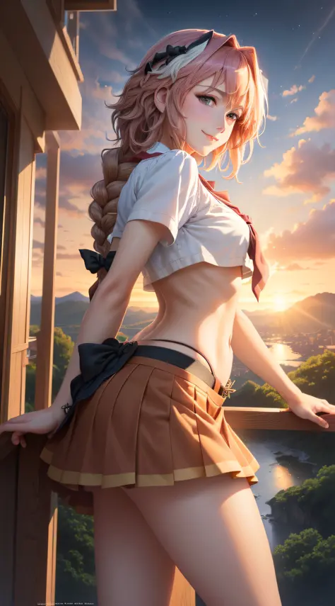 ((best quality)), ((masterpiece)), (detailed),masterpiece, best quality, 1boy, close-up, portrait, dk_astolfo, smirk, looking at viewer, from side, from above, navel, school uniform, skirt, single braid,, supernatural charm, mystical sky, (Luis Royo:1.2), ...
